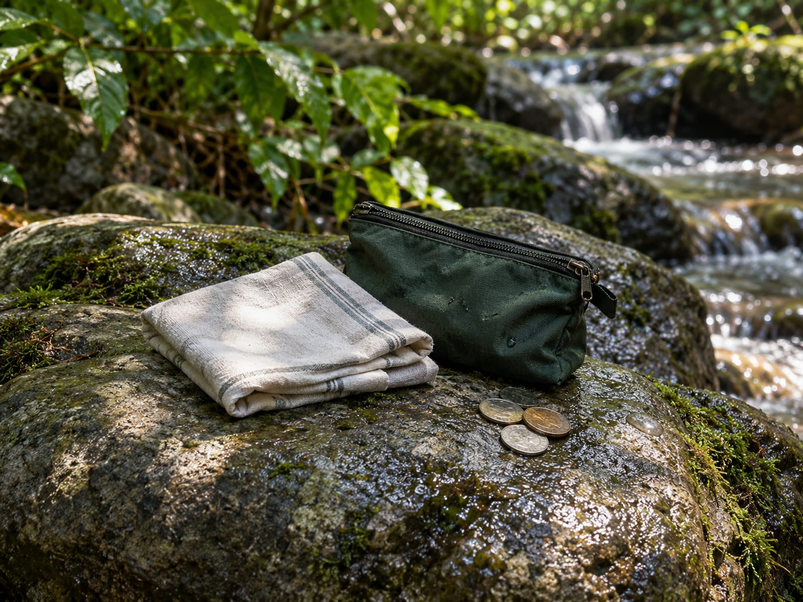 A small closed zip pouch, a folded plain cloth and a few loose coins resting on a flat river rock