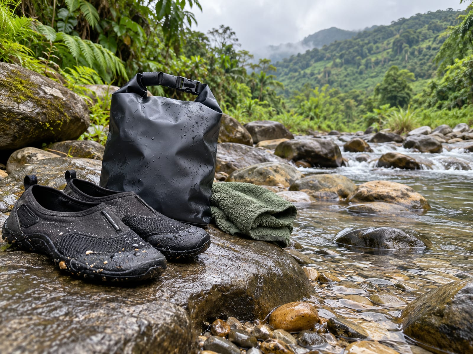 A pair of plain water shoes and a roll-top dry bag on a stone bank beside a shallow stream