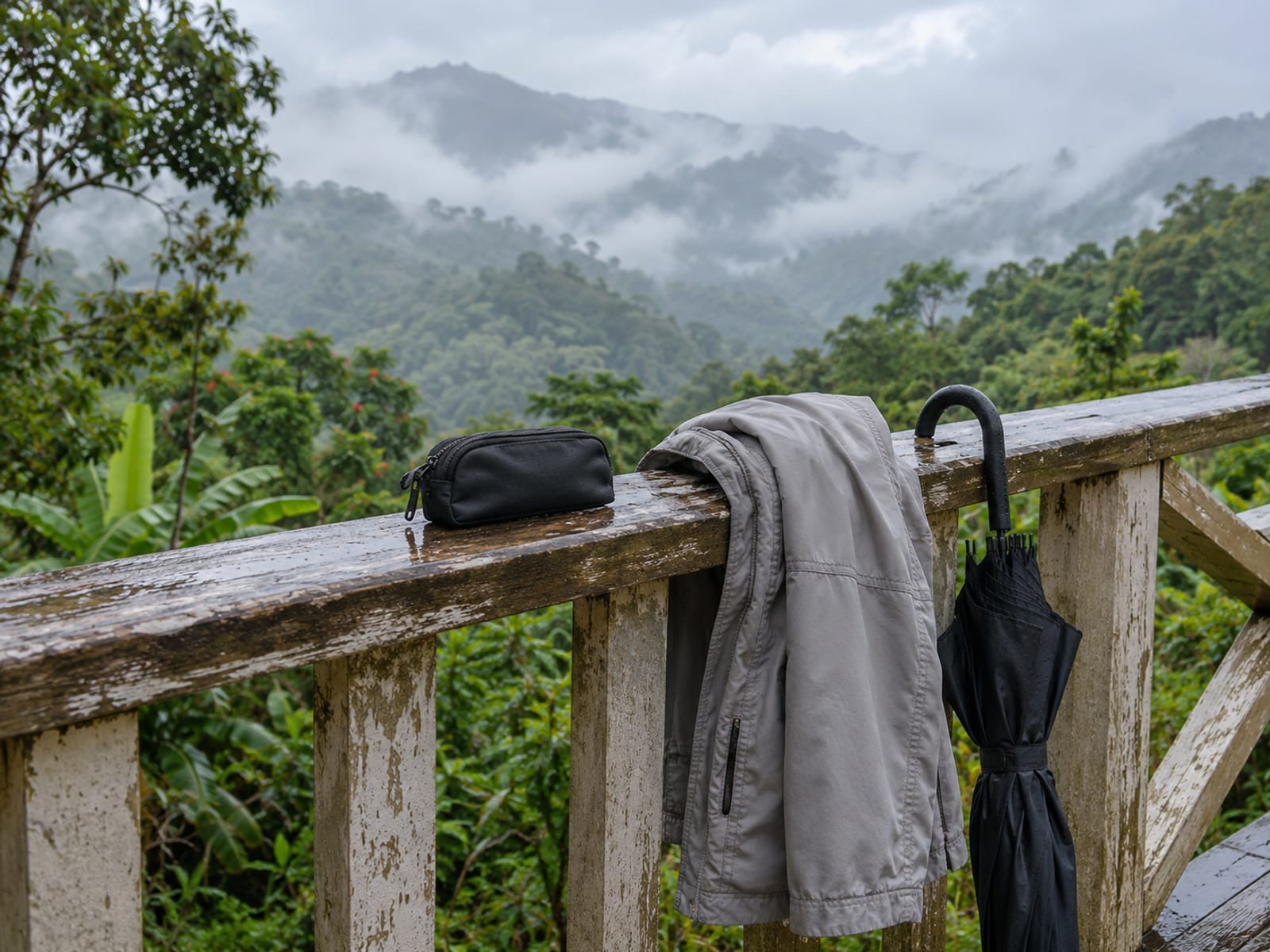 A light jacket and a closed plain umbrella hung over a wooden veranda rail with misty hills behind