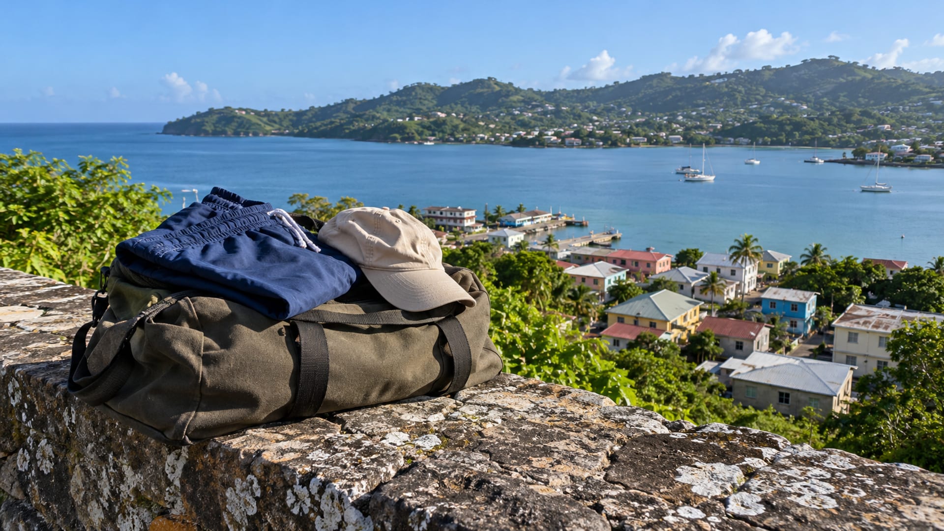 Closed duffel bag with swim shorts and a cap on a low wall above a harbour town with boats in the distance