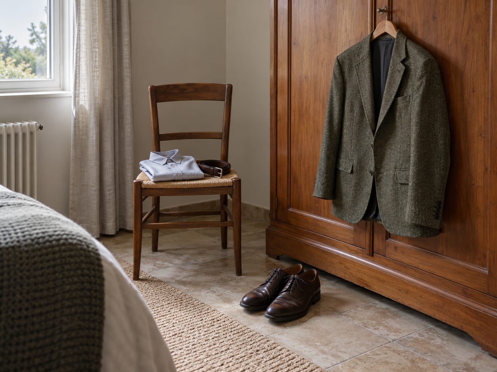 Collared shirt, belt, leather shoes and a lightweight jacket on a hanger set out neatly in front of a wardrobe