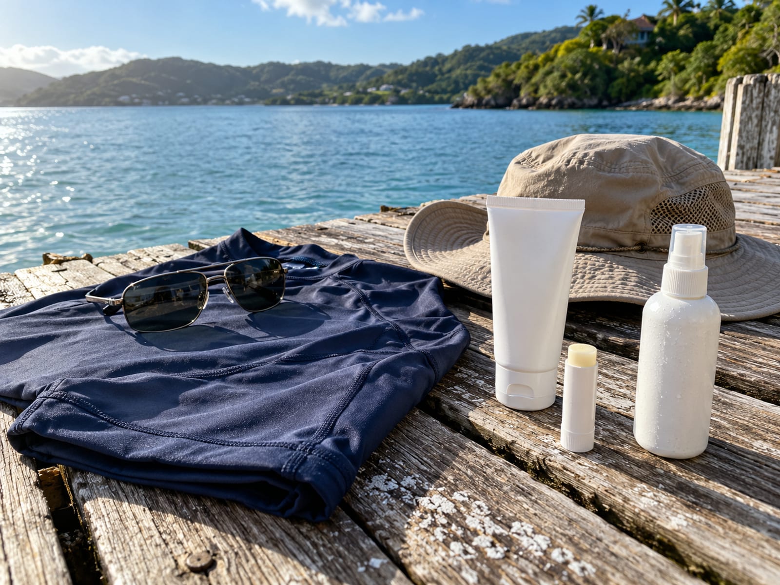 Sunglasses, a brimmed hat, a long-sleeved rash guard and a blank sunscreen tube on a weathered wooden dock plank by calm water