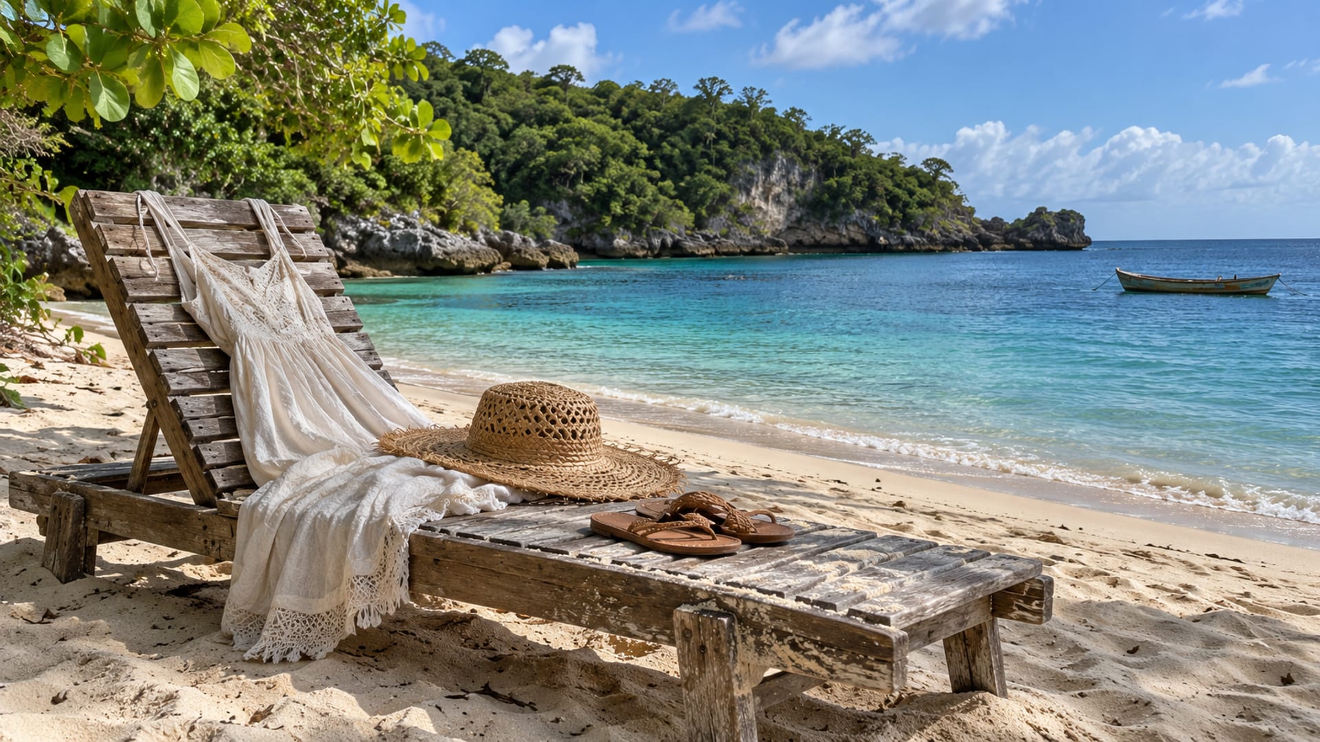 Light sundress, wide brim hat and sandals draped on a wooden beach chair on pale sand next to a calm turquoise cove