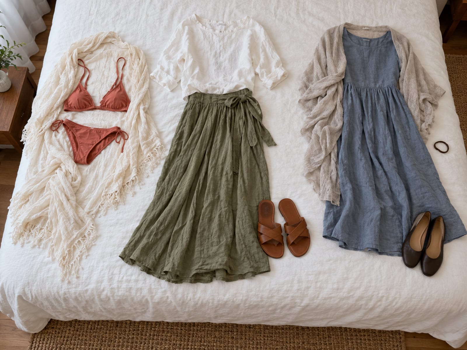 Flat lay of a cover-up, a long skirt, a blouse and a thin wrap in separate groups on a bed