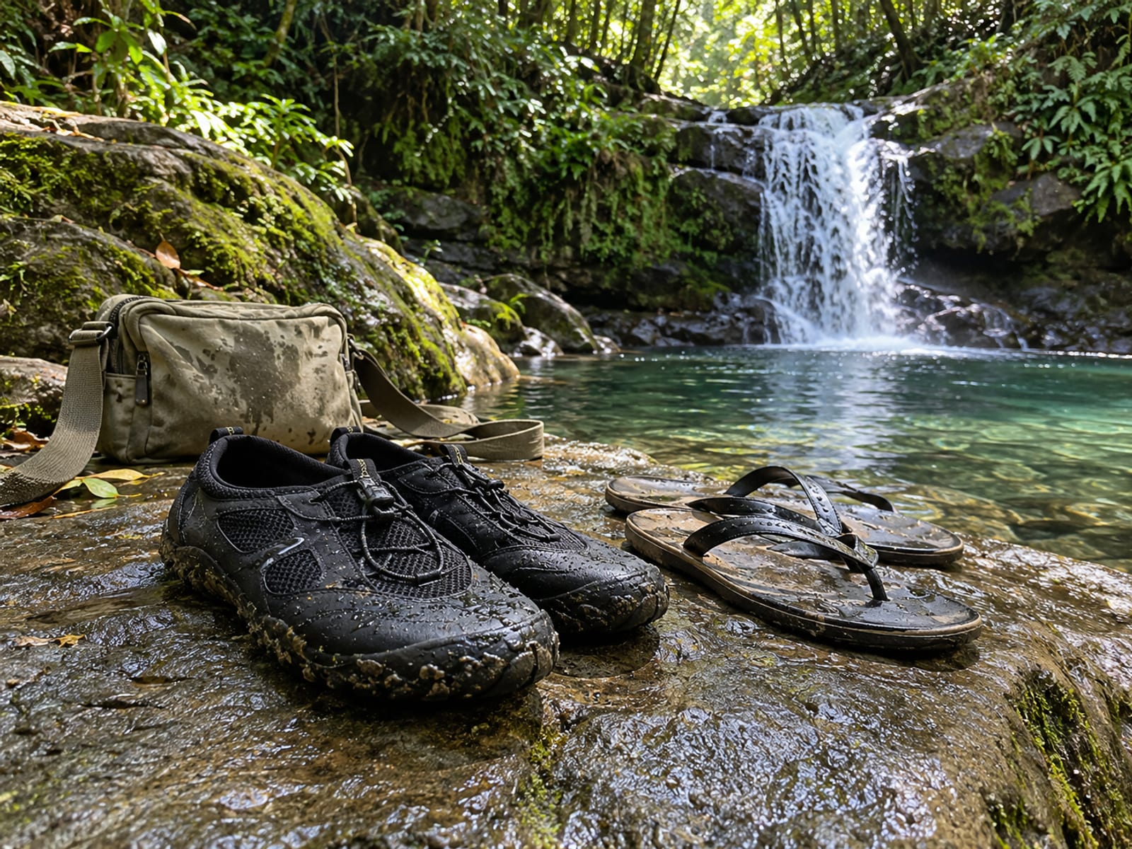 Pair of water shoes and flip flops on a wet river rock beside a small crossbody bag, with a small waterfall and ferns behind