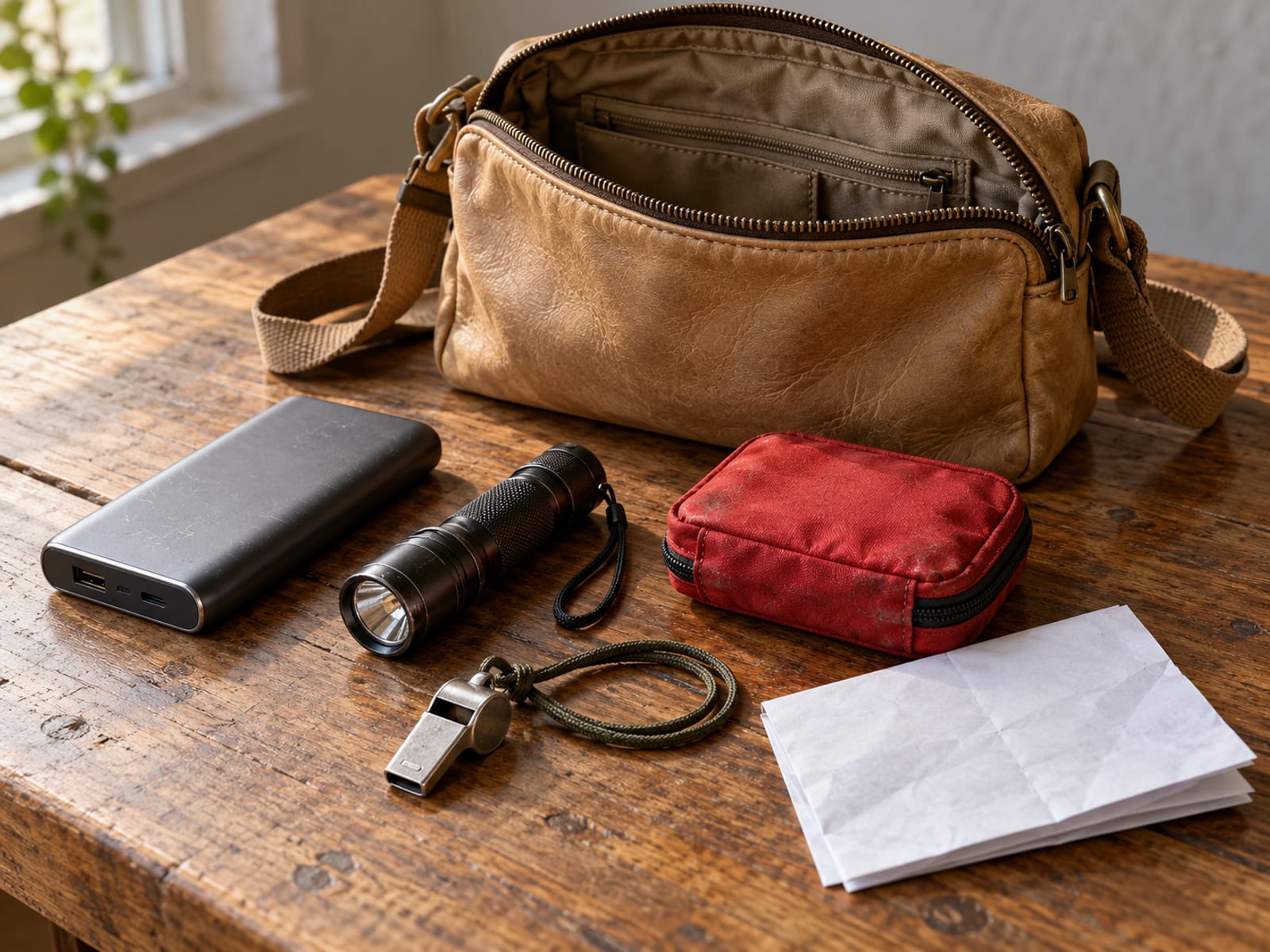 Small crossbody bag with a portable charger, small flashlight, whistle and a folded blank paper laid on a table
