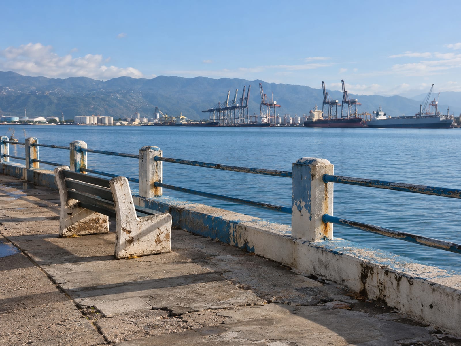 Empty concrete waterfront walkway with a low railing beside calm harbour water and port cranes on the far shore.