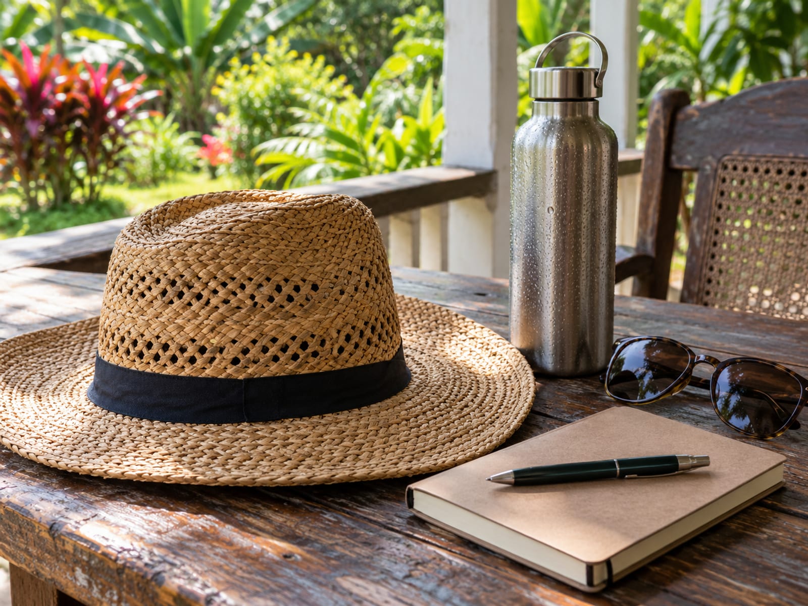Woven sun hat, a plain steel water bottle, sunglasses and a closed notebook with a pen on a wooden verandah table.