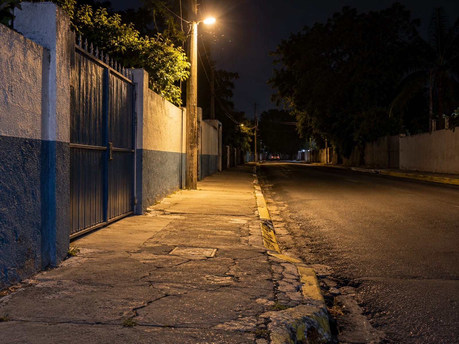 Empty kerbside pavement beside a closed metal gate and wall lit by one streetlight at night.