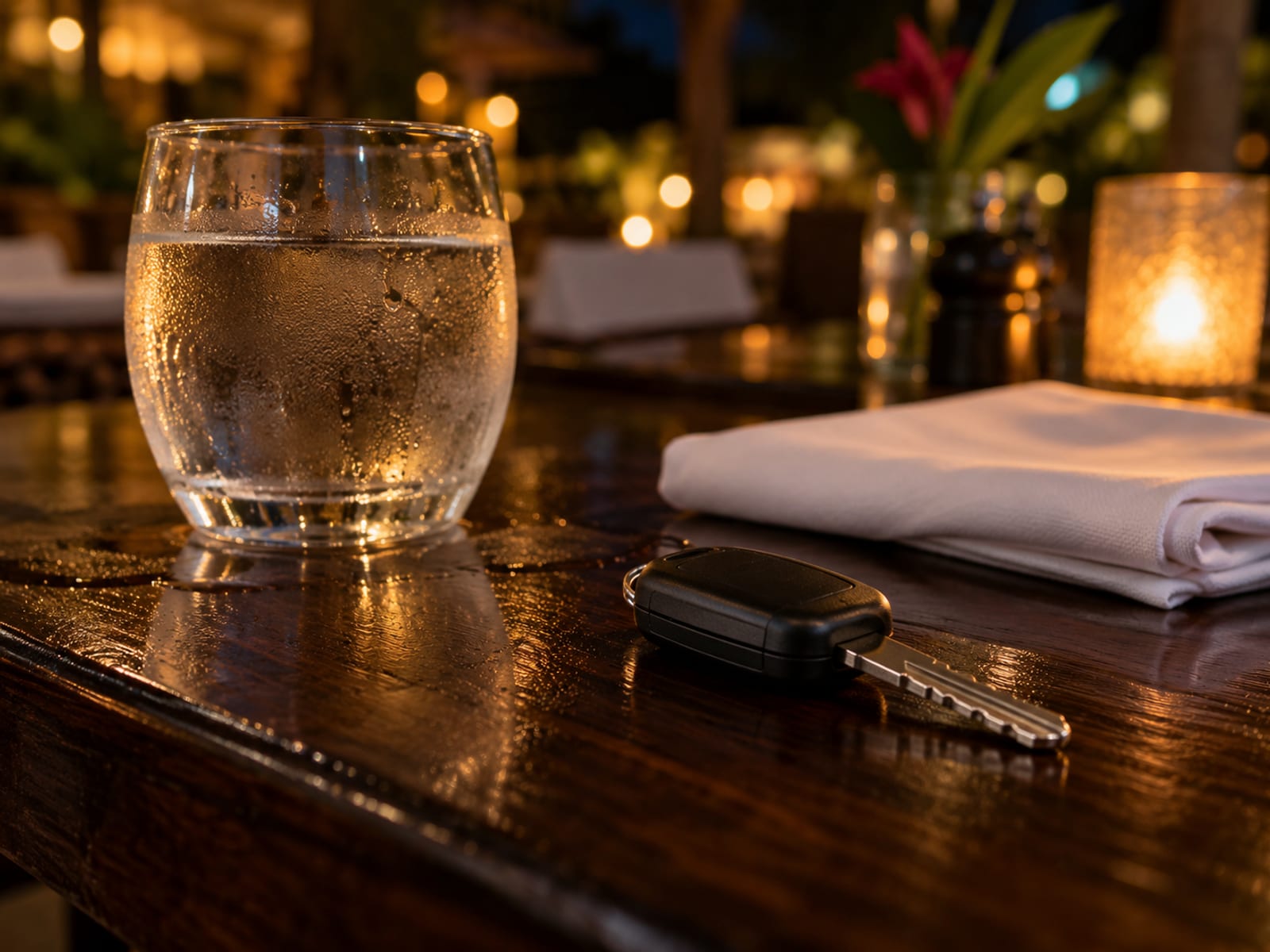 Plain car key on a dark wooden table beside a glass of water and a folded blank napkin, with warm lights blurred behind.