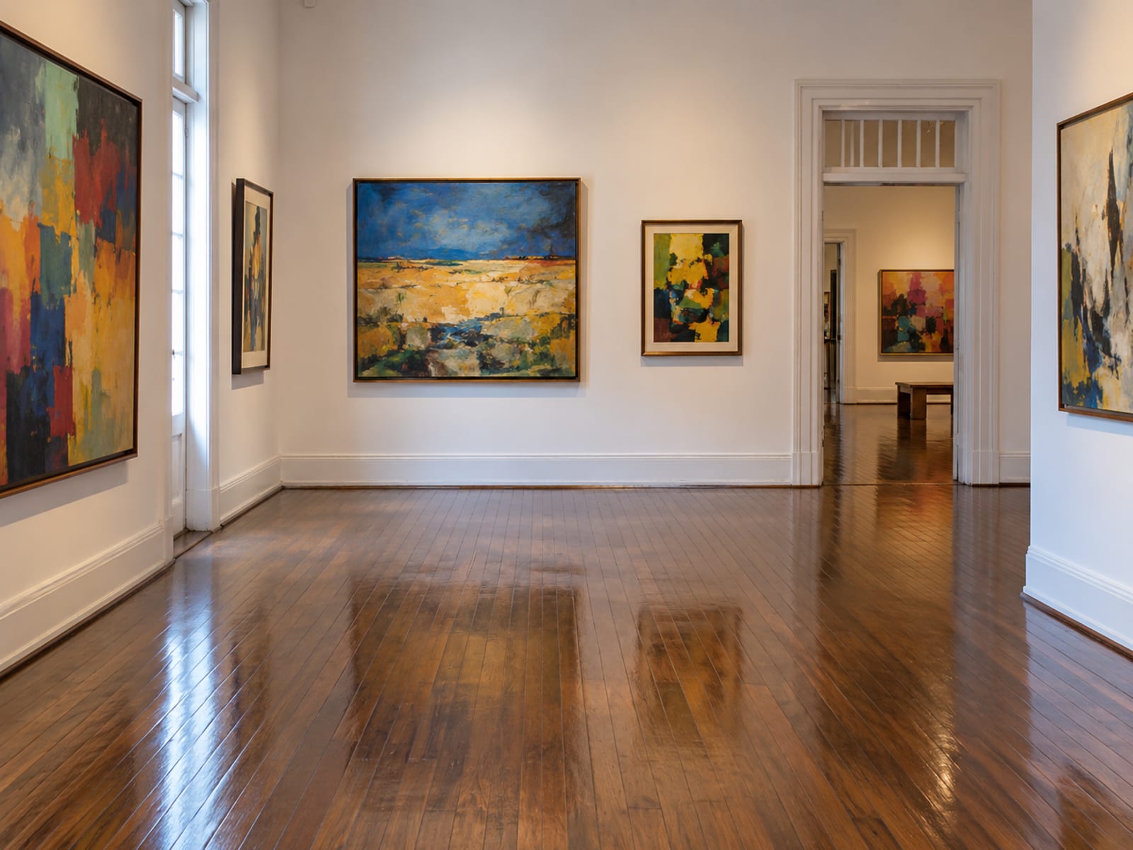 A quiet gallery room with framed paintings on white walls