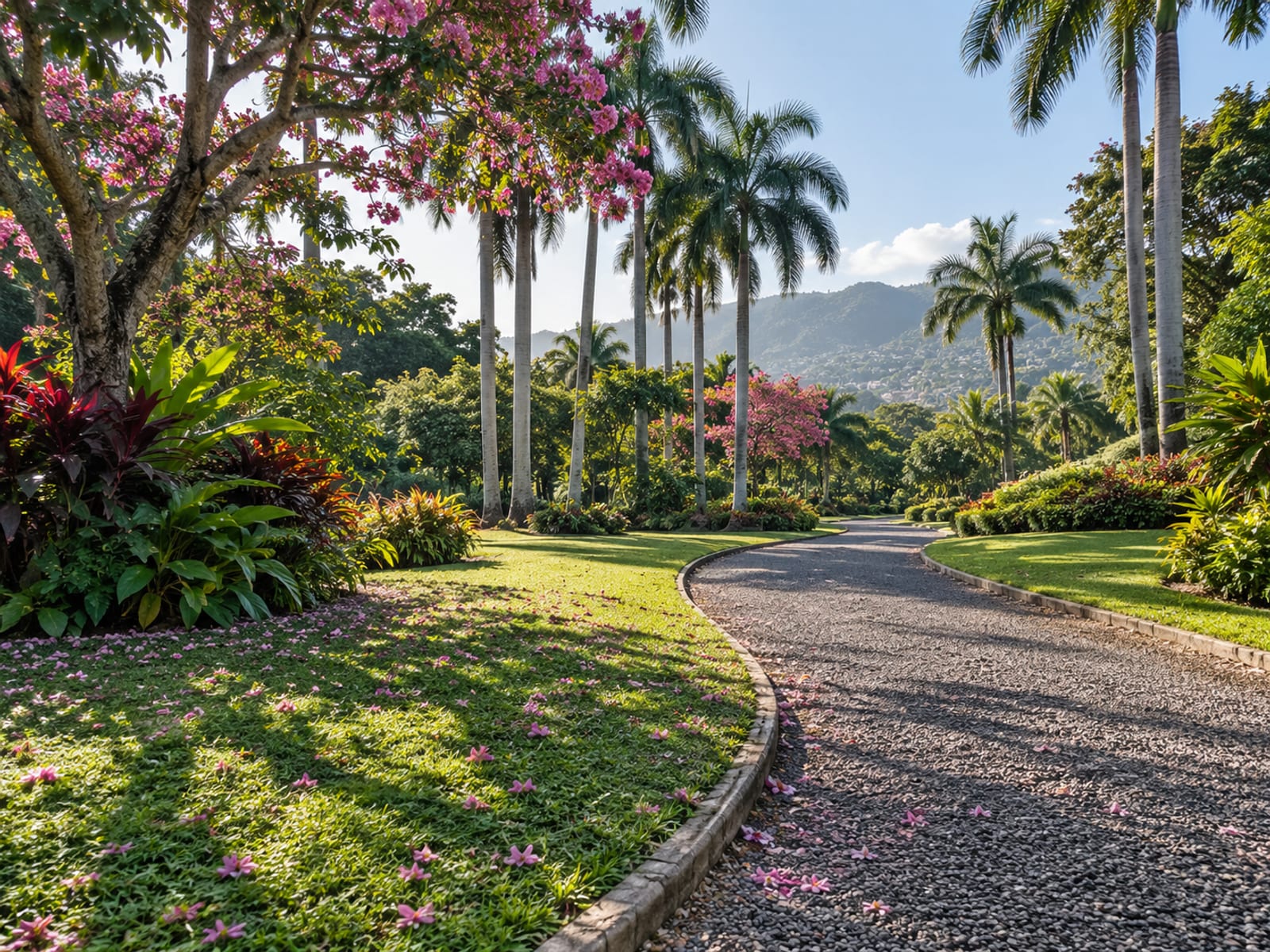 A botanical garden lawn with towering palms and a curving path
