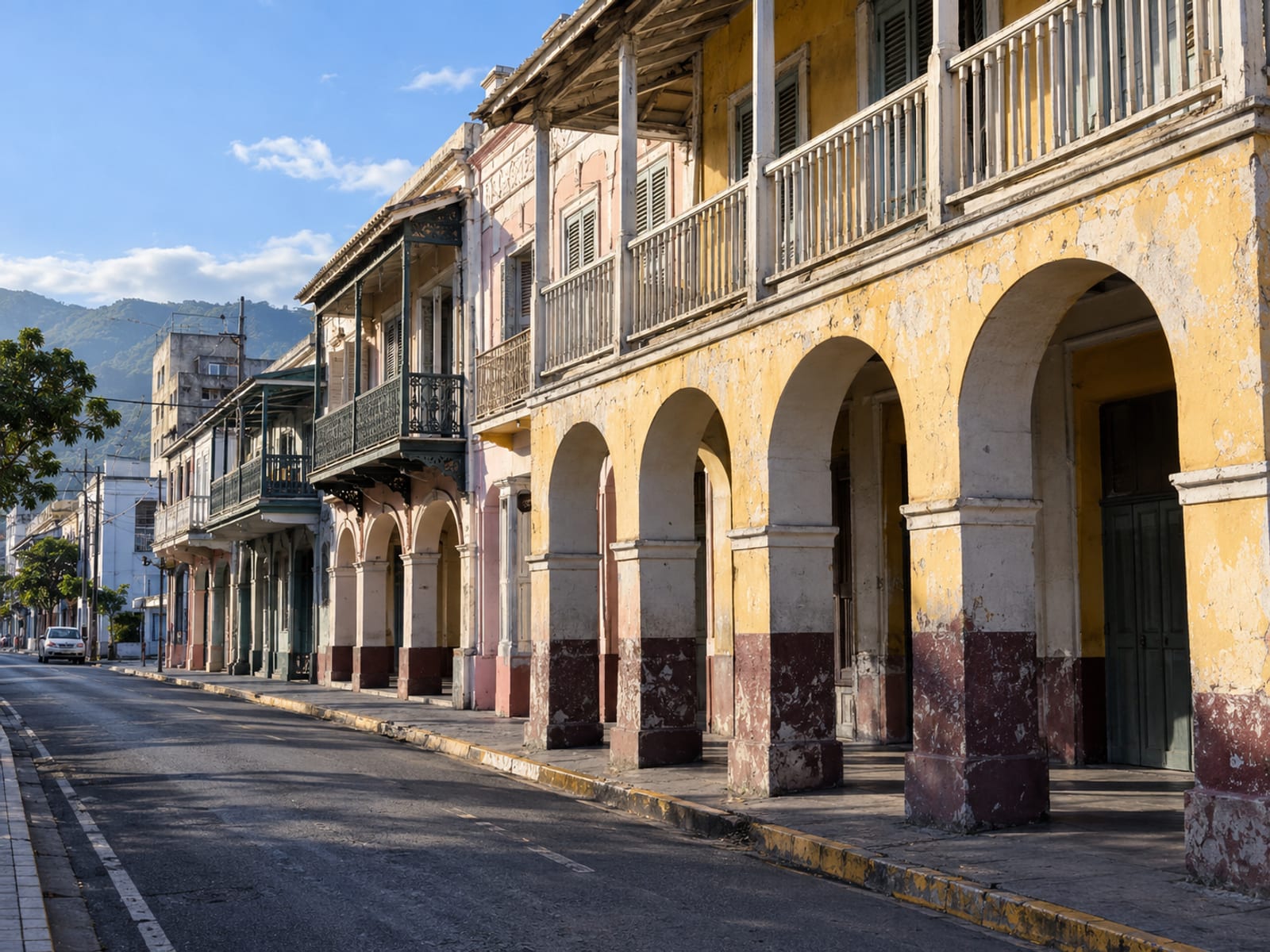 A downtown street of historic buildings with balconies and arcades