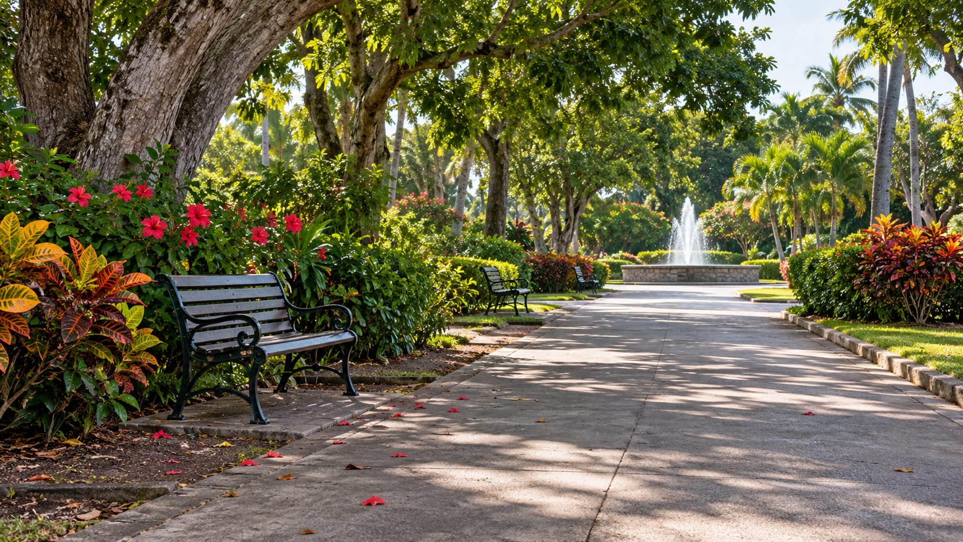 Wide level garden path under tall trees with empty benches and flowering shrubs
