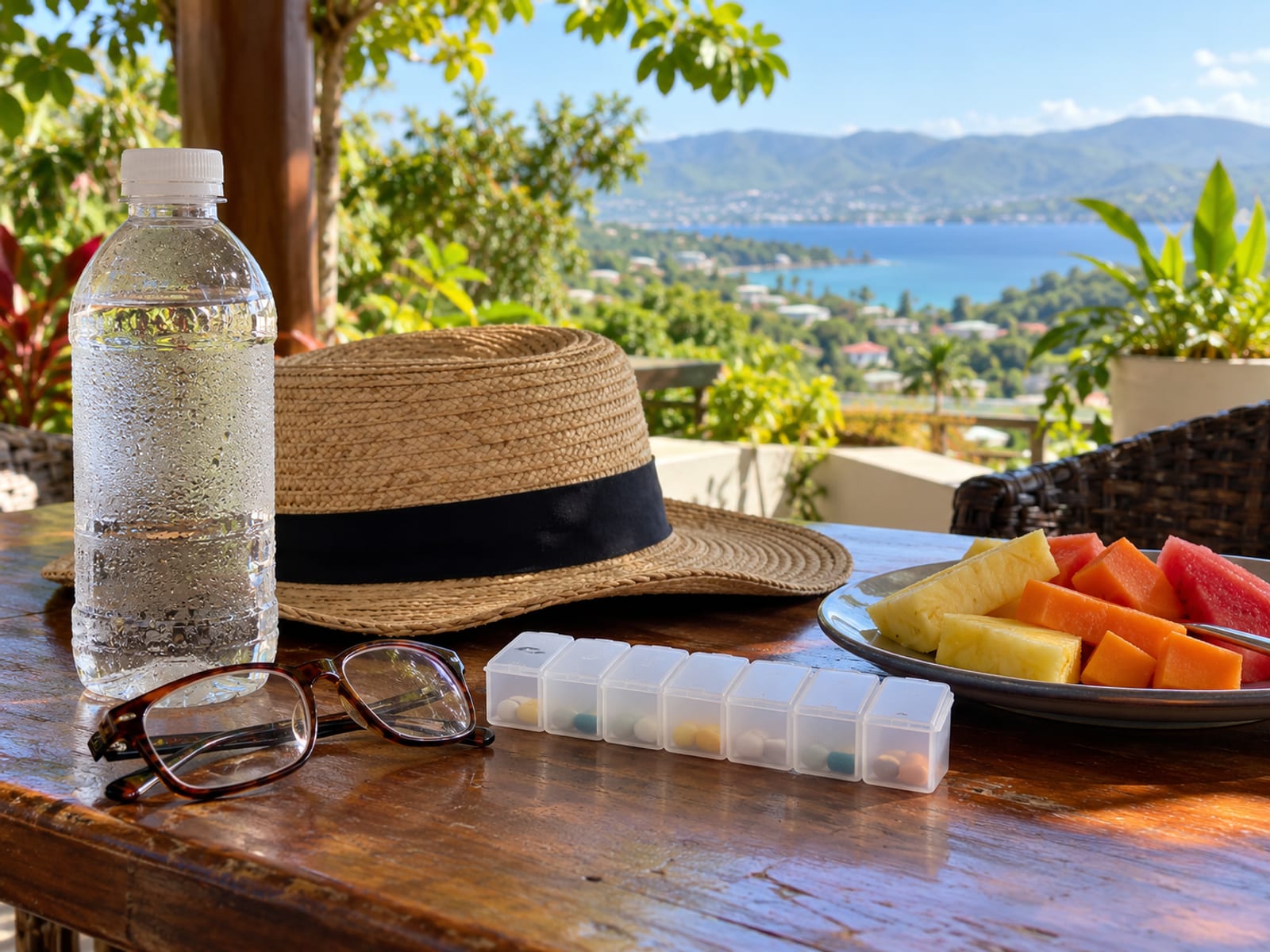 Water bottle, sun hat, glasses and a weekly pill organiser on a shaded cafe table beside a plate of fruit