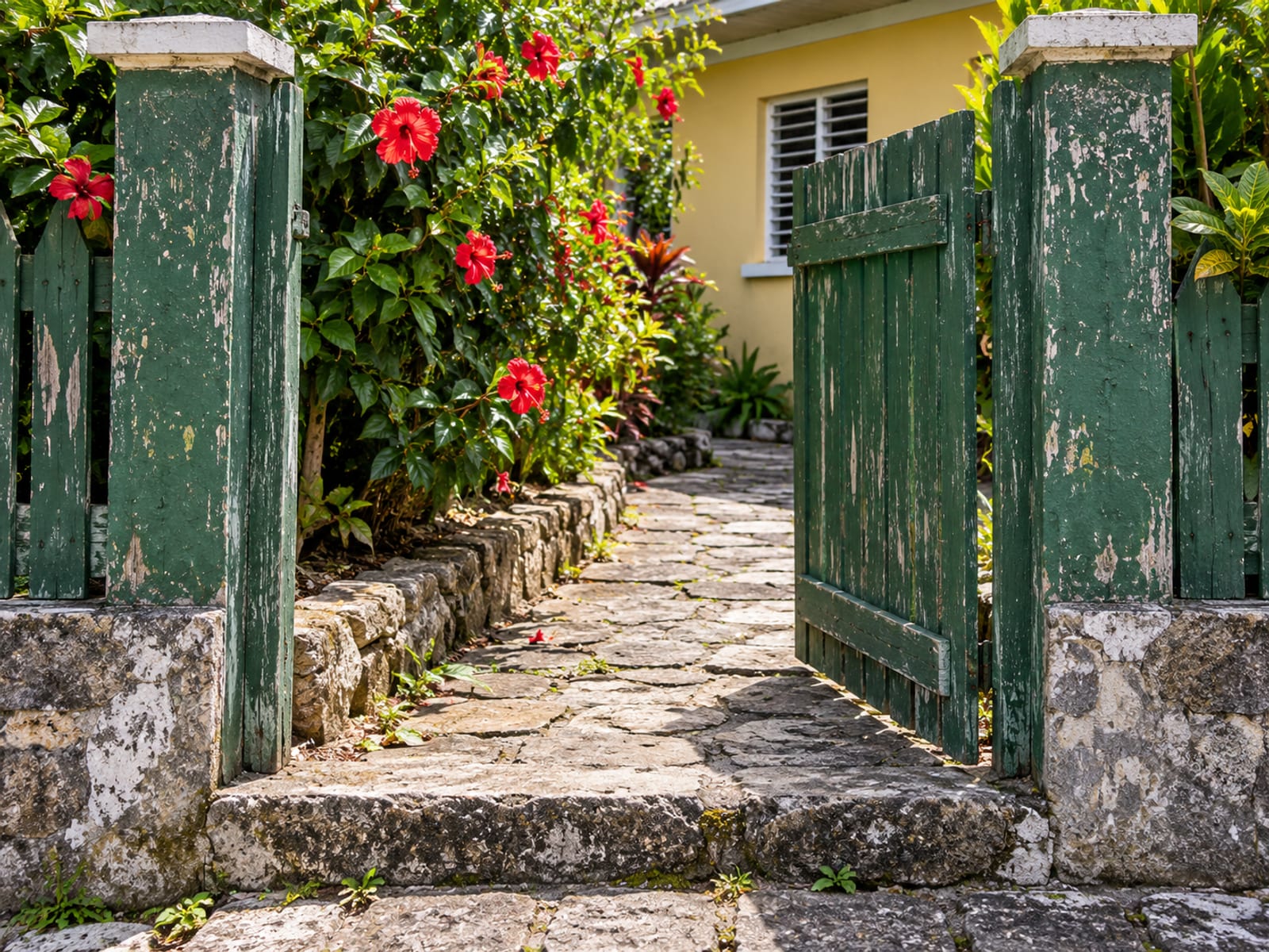 Green painted wooden gate slightly open on a stone path edged with red hibiscus.