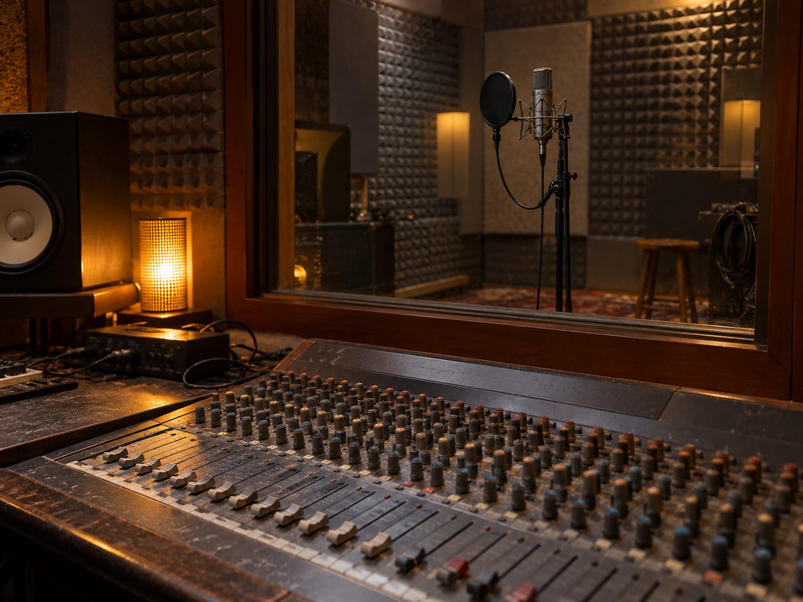 Recording studio with a mixing console, a microphone on a stand behind a glass window and grey acoustic foam on the walls.