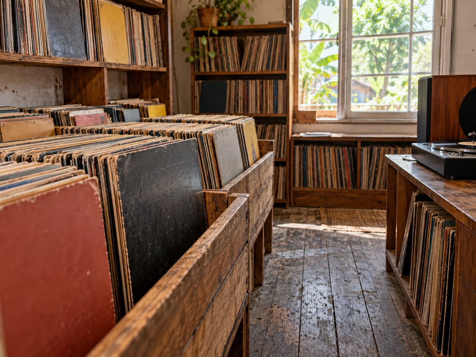 Wooden crates and shelves filled with vinyl records with blank spines in a small shop, sunlight at a window.