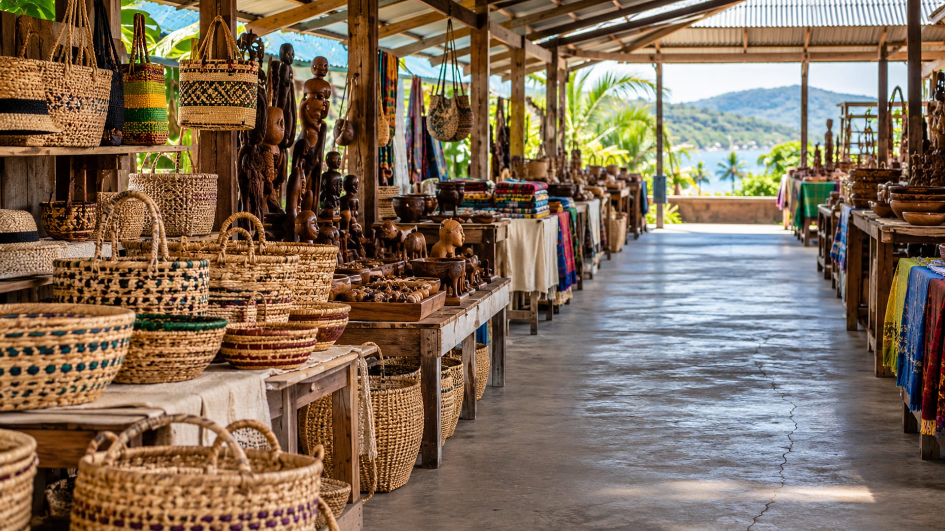 Rows of empty craft stalls displaying woven baskets, carved wooden pieces and fabric under a roof