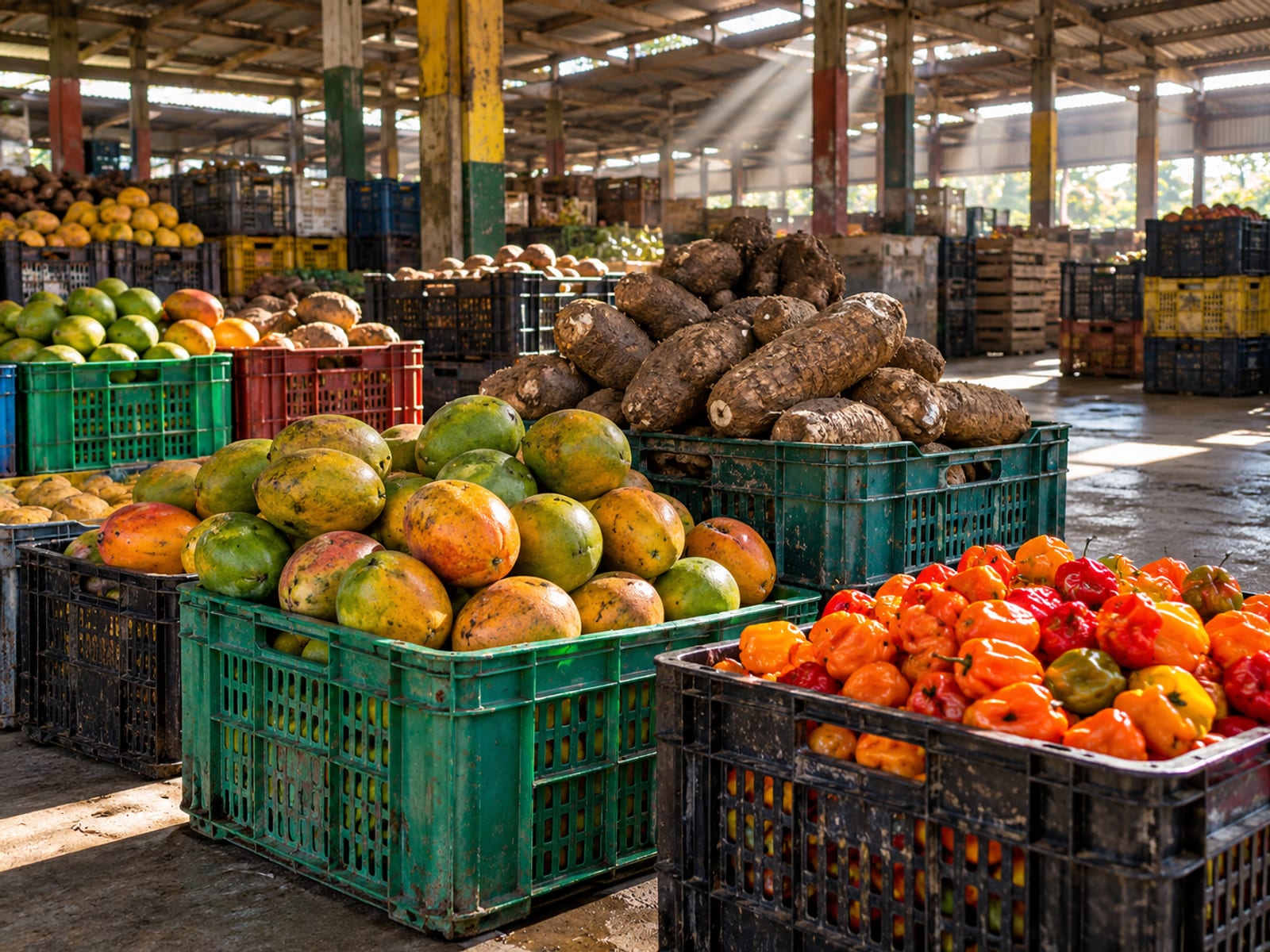 Plastic crates of fresh produce stacked in a market hall with bright light from the roof gaps
