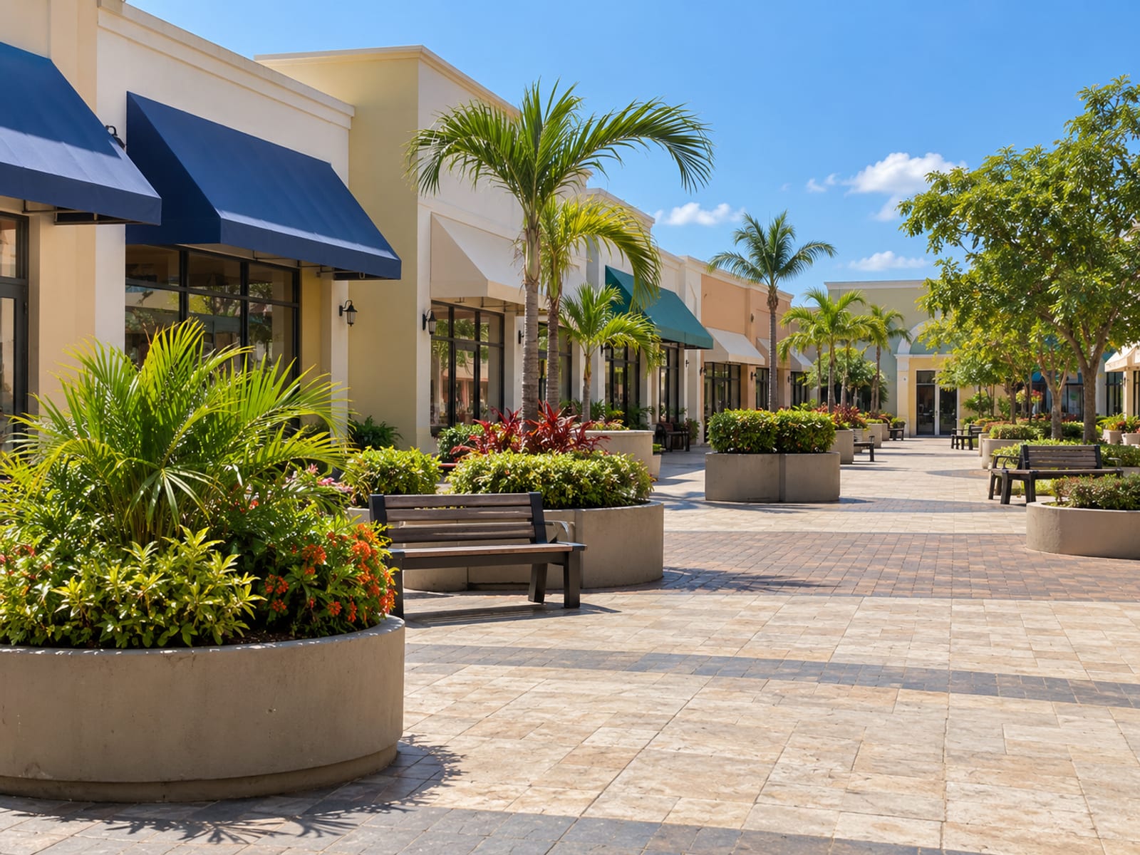 Open paved plaza with planters, empty benches and low shop fronts with plain awnings