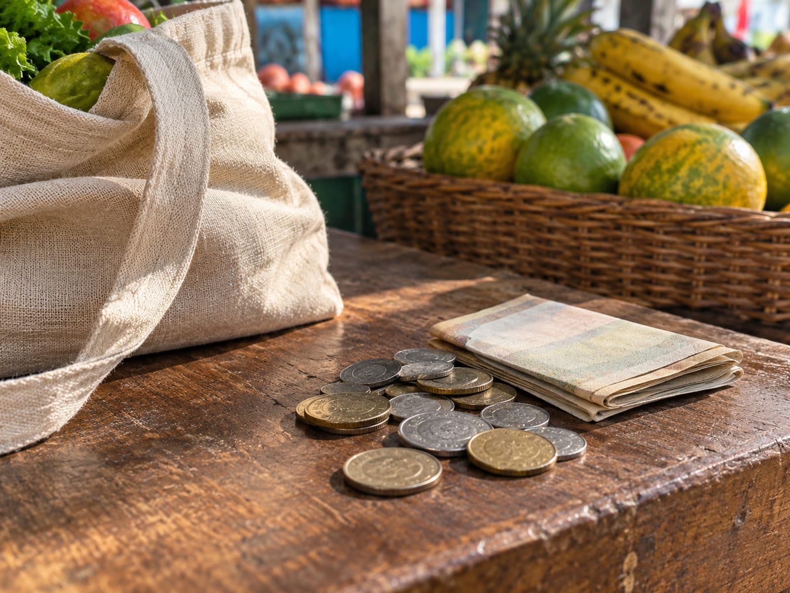 A scatter of coins and plain folded paper beside a canvas shopping bag on a wooden counter