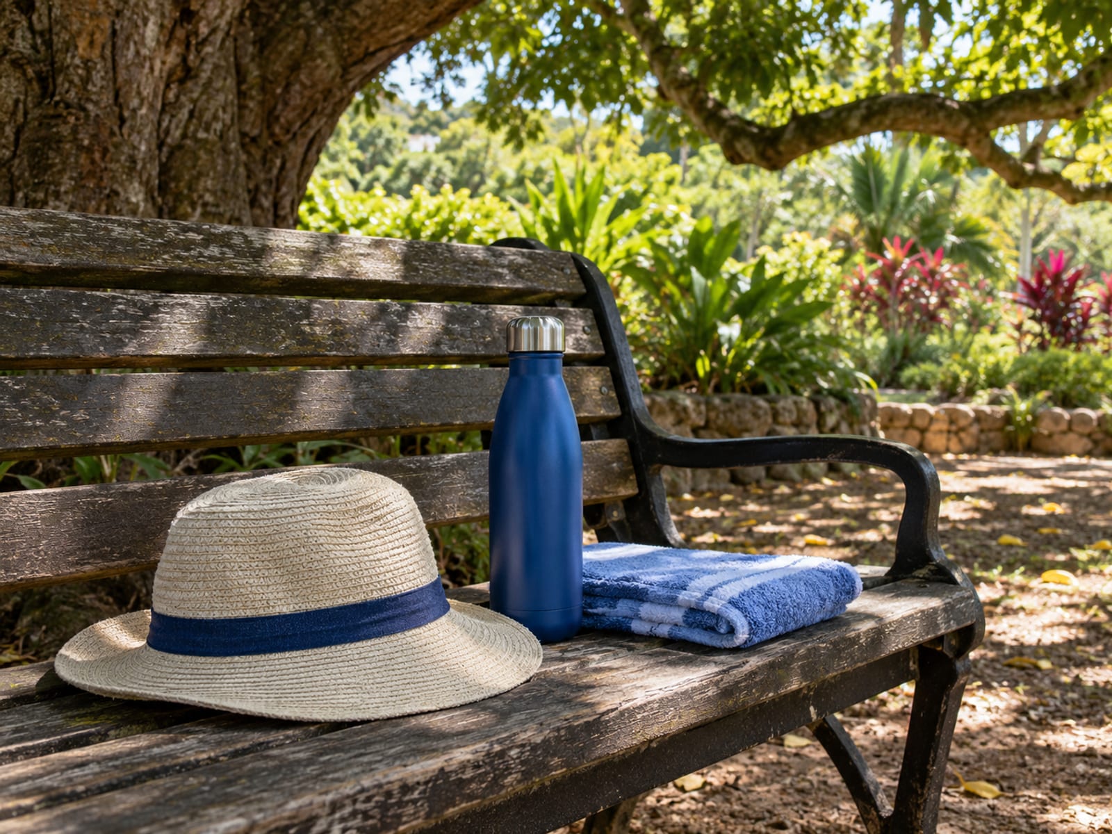 Small cotton sun hat, a blue refillable bottle and a folded towel on a wooden park bench in shade.