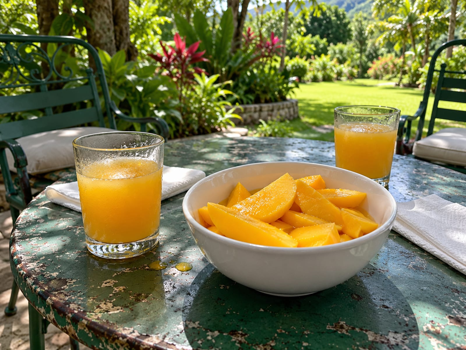 Outdoor table under a tree with two glasses of orange juice and a plain white bowl of sliced mango.