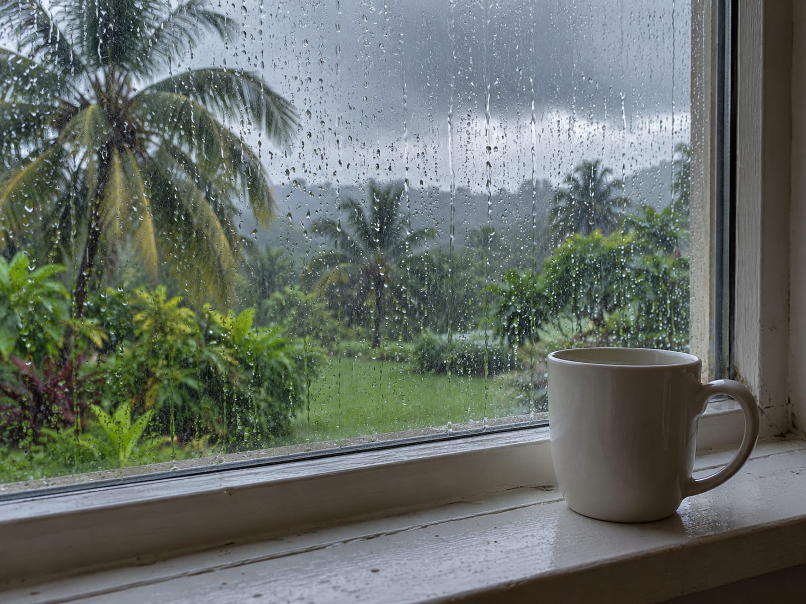 Rain running down a window pane with a blurred tropical garden and dark grey sky outside.