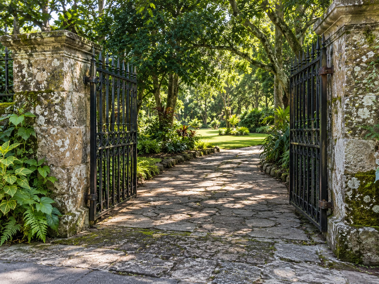 Open black iron gate between stone pillars leading to a tree shaded paved path in morning sun.