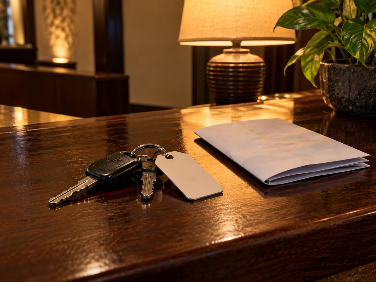 Car keys with a plain tag and a folded paper booking slip on a dark wood hotel style counter