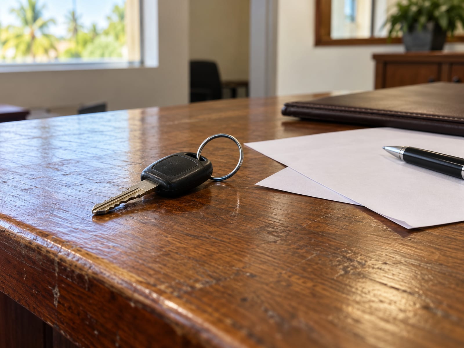 Close view of a car key on a ring resting on a wooden counter next to blank sheets of paper and a pen.
