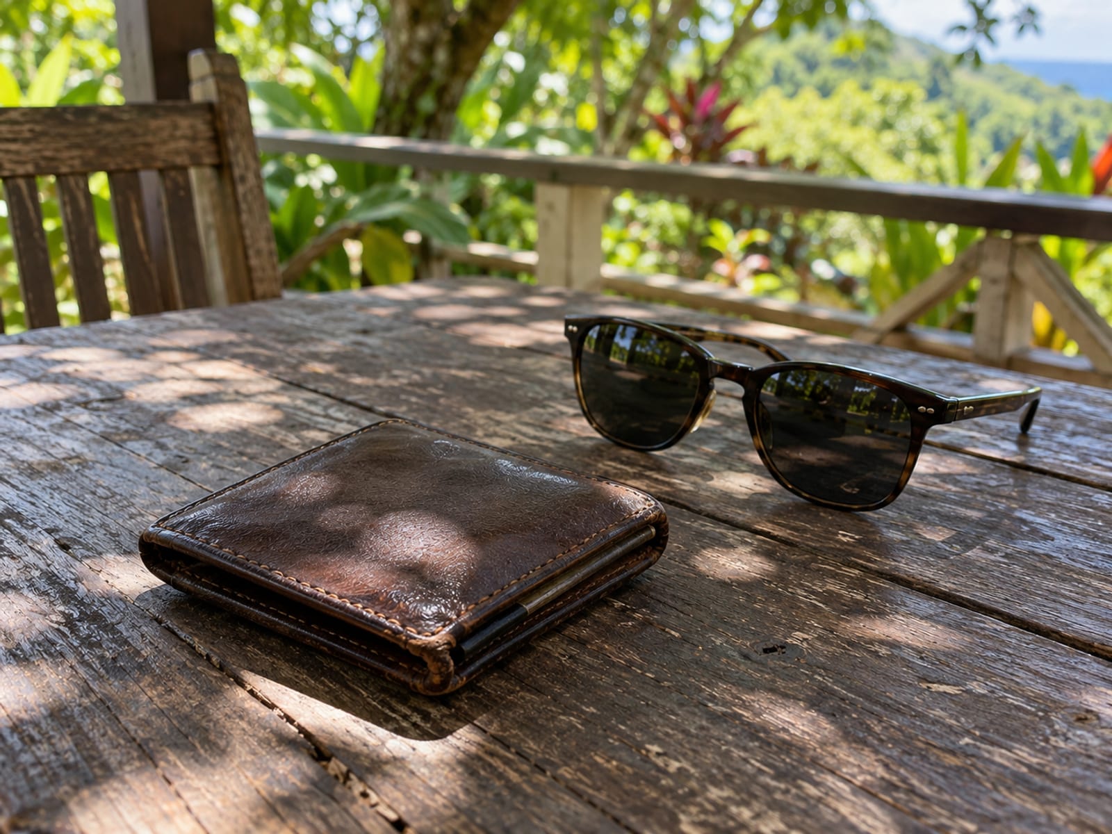 A closed brown leather wallet and a pair of sunglasses on a wooden table in dappled shade on a veranda.