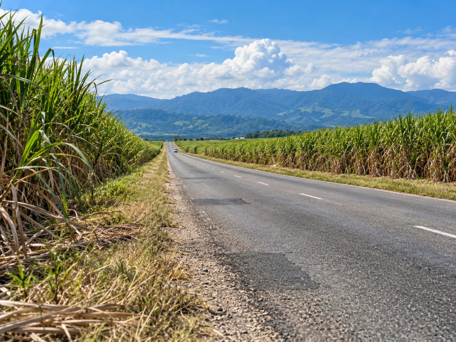 A straight paved road running through tall green sugar cane fields toward distant hills, with a tiny truck far ahead.