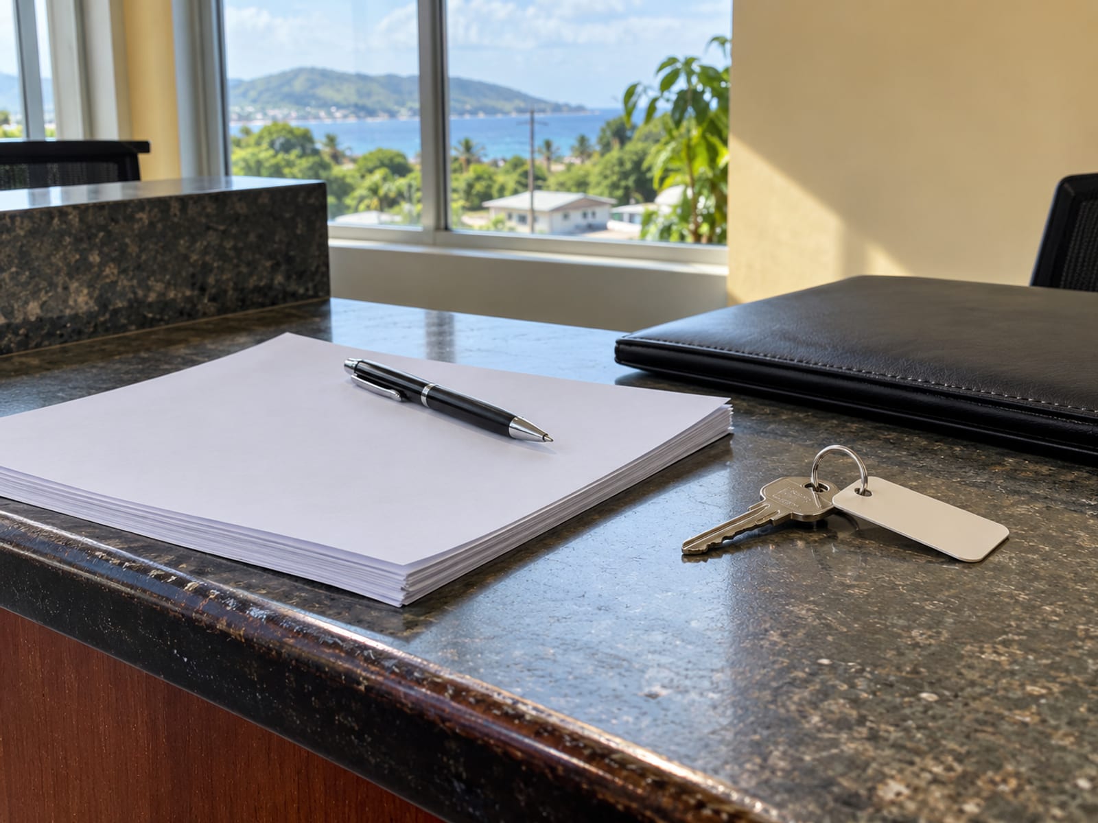 Empty wooden counter with stacked blank sheets, a pen and a single plain key on a blank tag.
