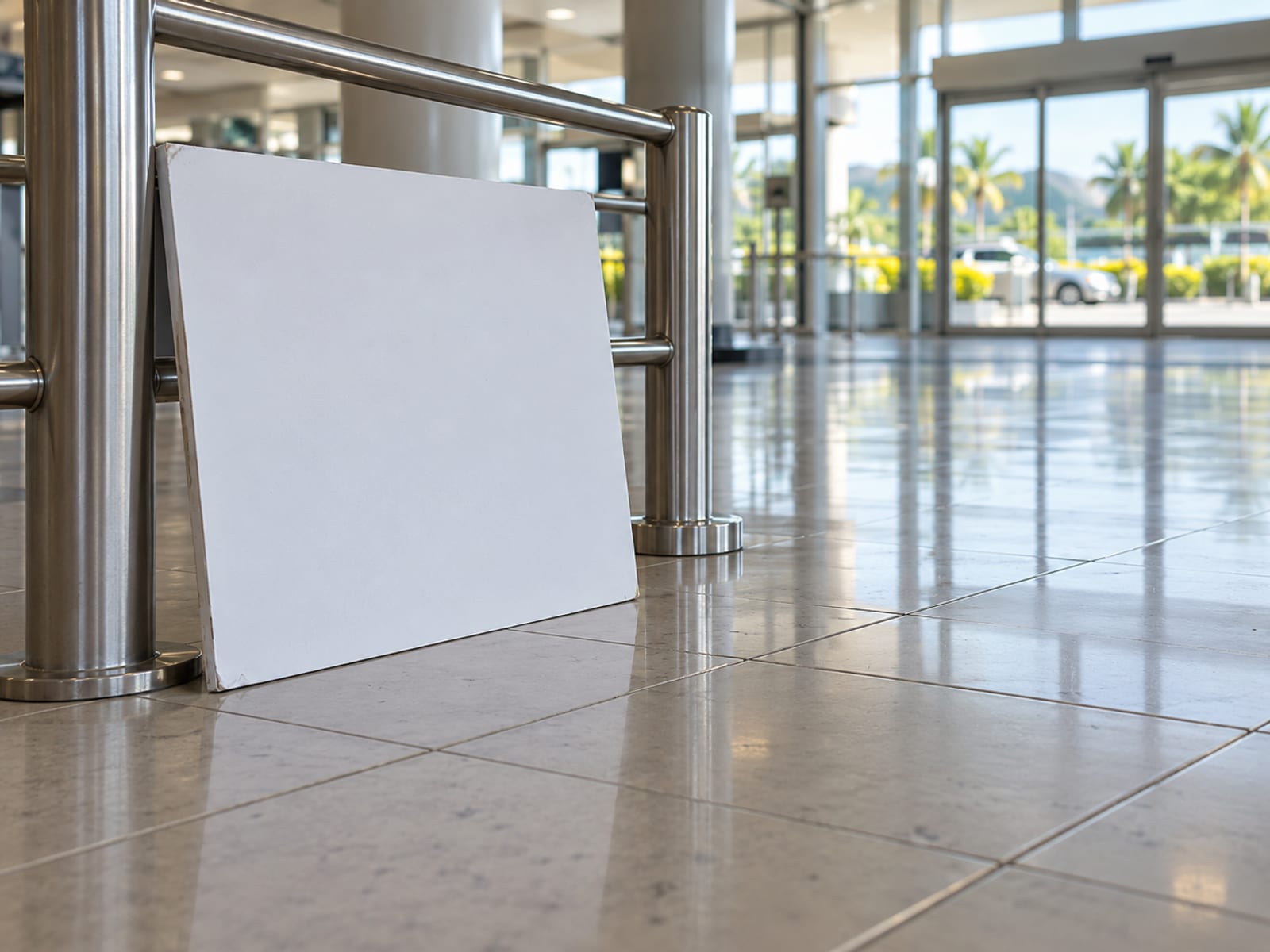 Plain blank white card leaning against a metal barrier rail in an empty airport concourse with a blurred tiled hall behind