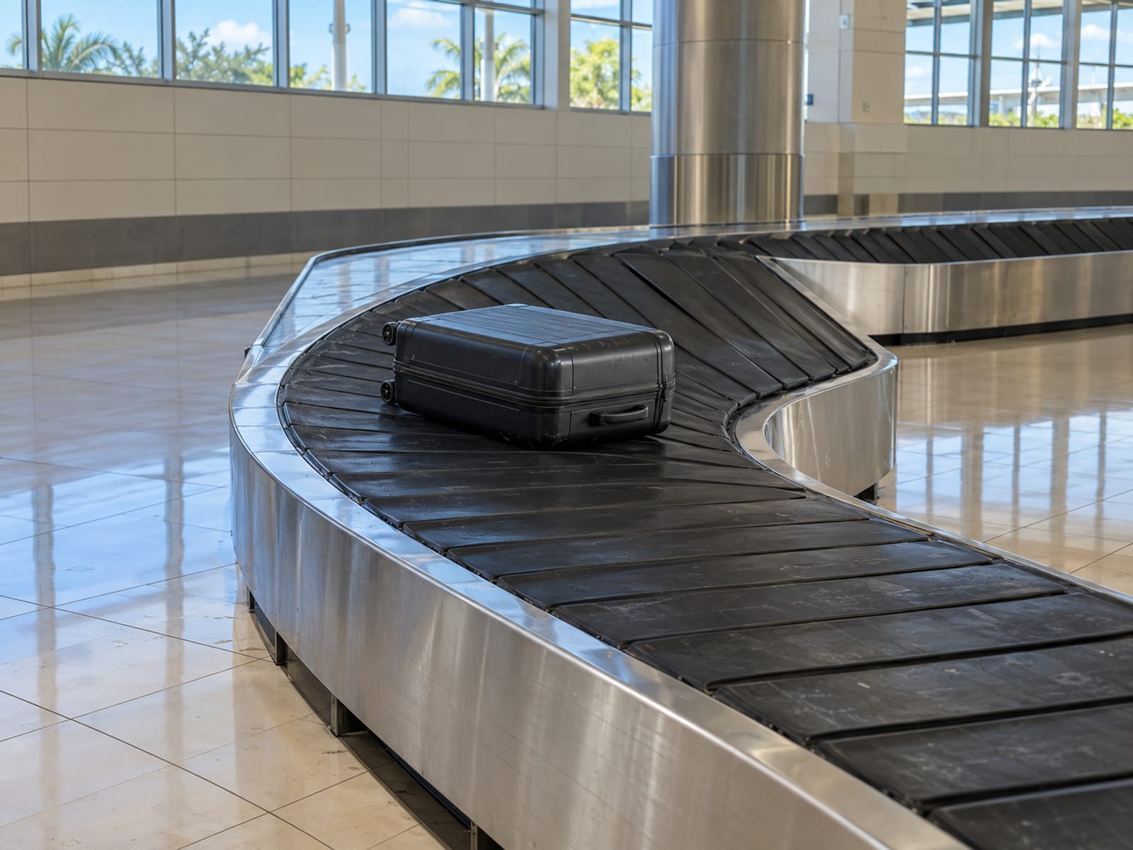 Empty rubber baggage carousel belt with a single dark suitcase and a tiled hall behind