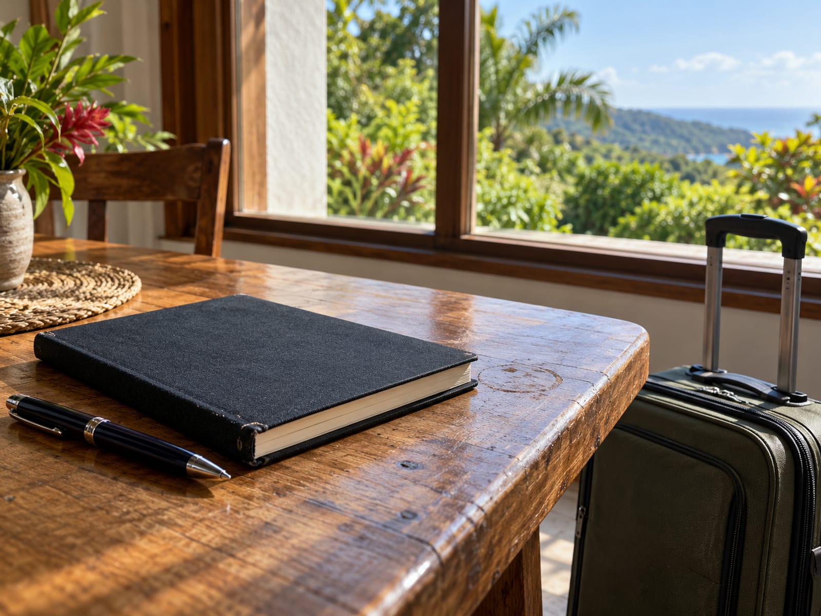 Small wheeled suitcase beside a closed plain notebook and a pen on a wooden table by a bright window