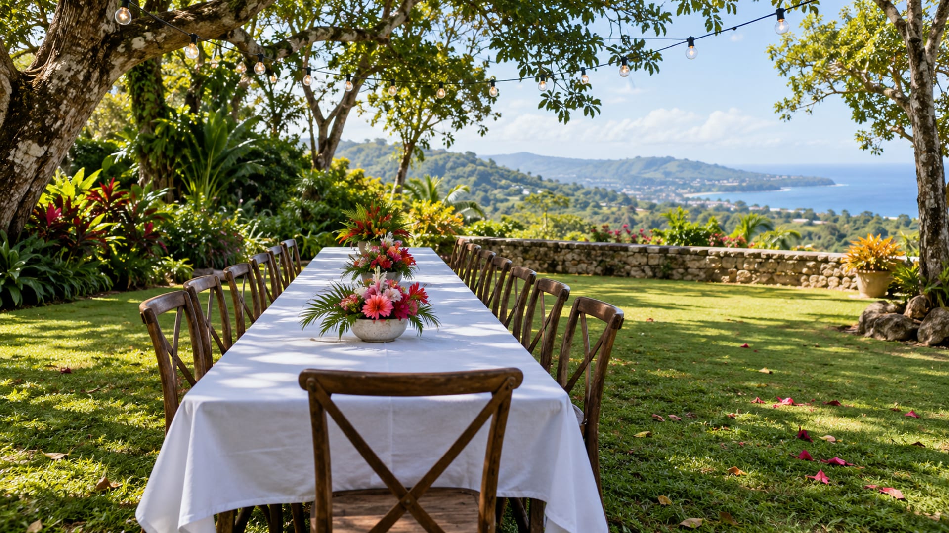 Long dressed table with empty chairs and unlit string lights in a green Jamaican garden before a party