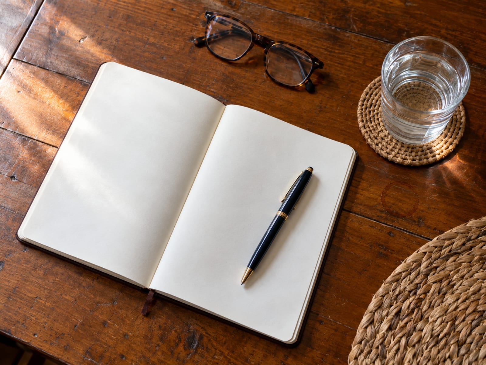 Overhead view of a blank notepad with a pen and a pair of reading glasses on a wooden dining table