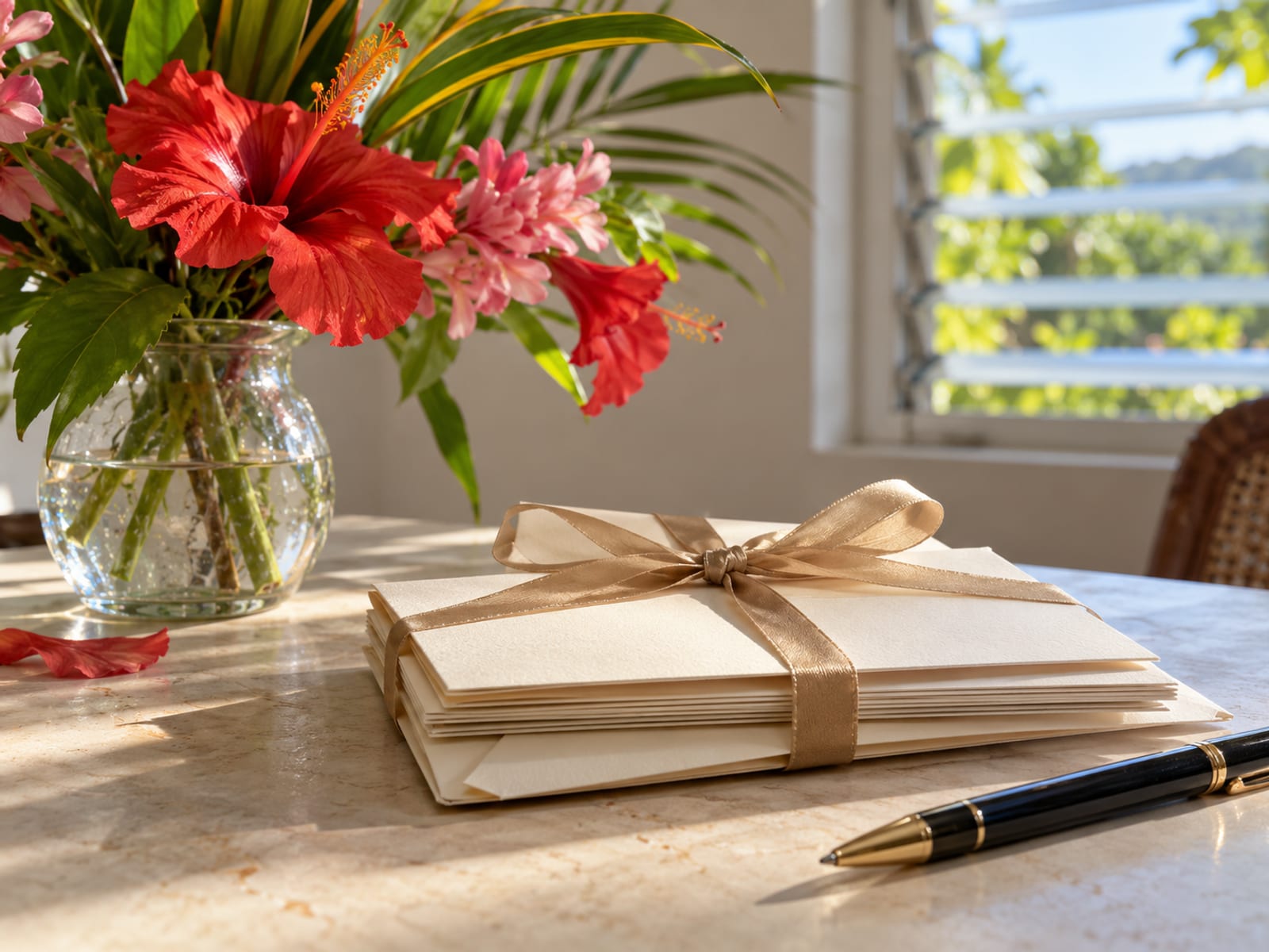 Close view of a small stack of plain blank cards and envelopes tied with a ribbon on a table beside a vase of flowers