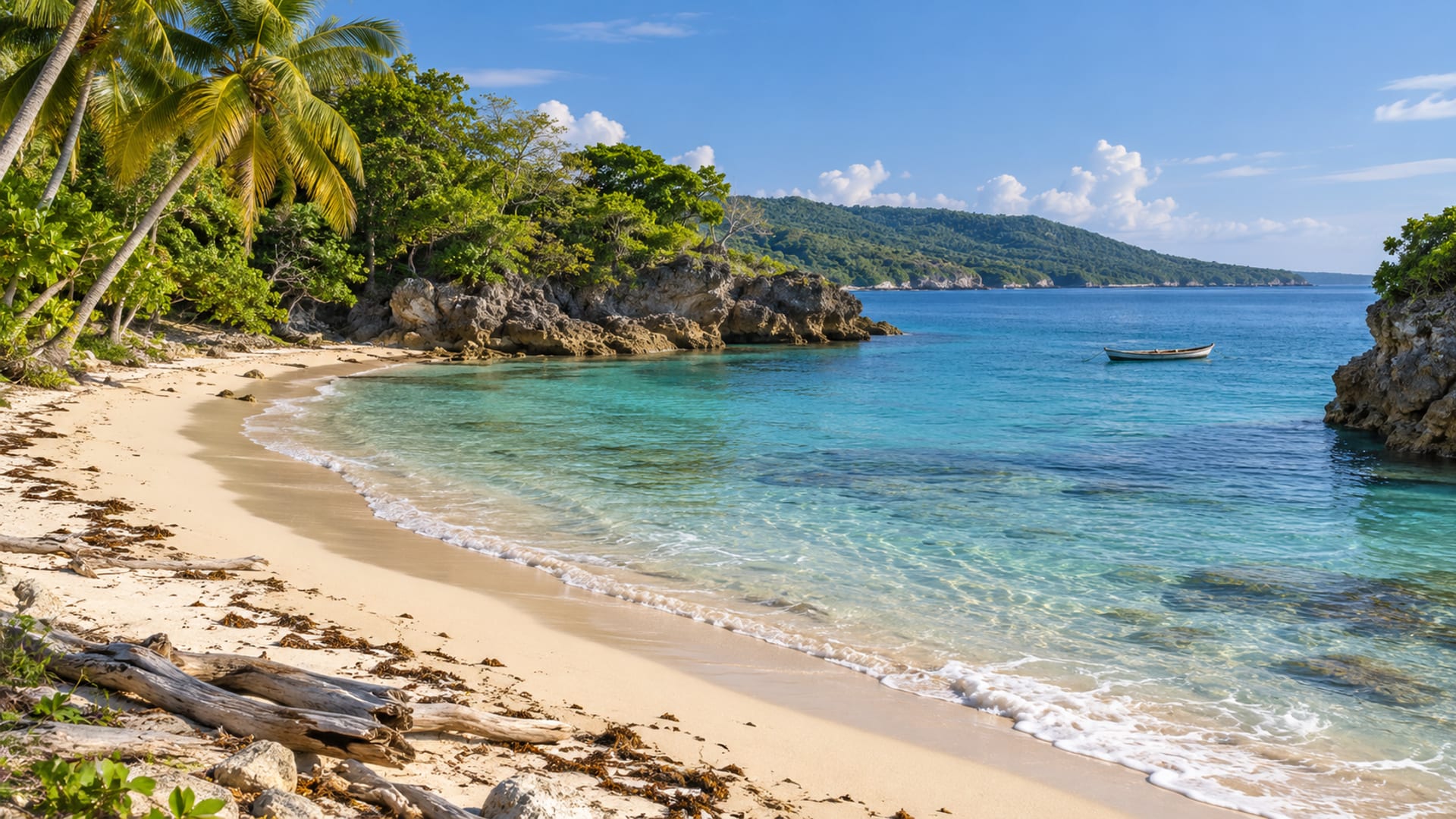 Small curved cove with palms and a sand strip, calm sea, an empty beach with a distant fishing canoe