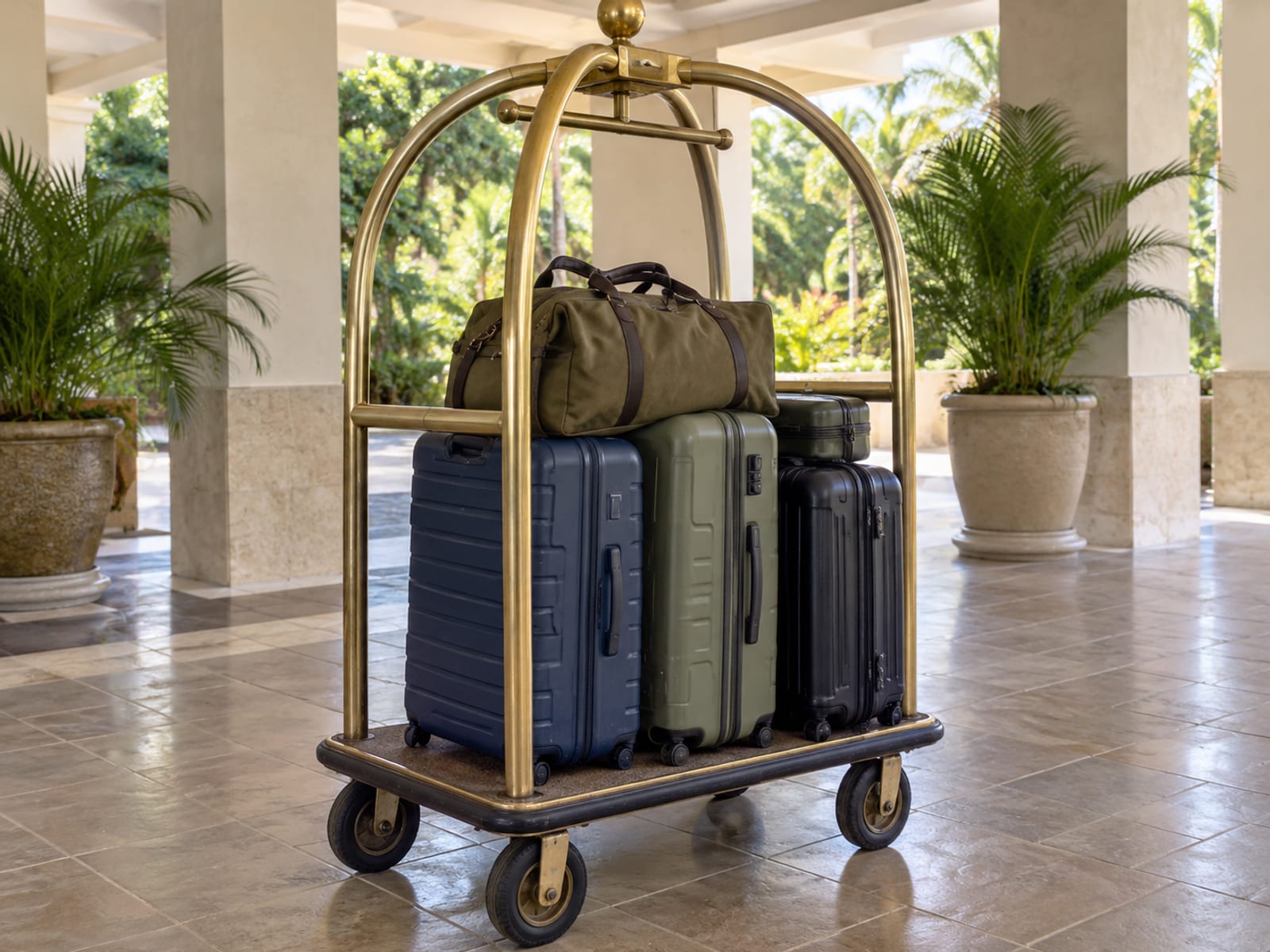 Covered hotel style entrance with an unattended luggage trolley loaded with bags and potted palms, no signs