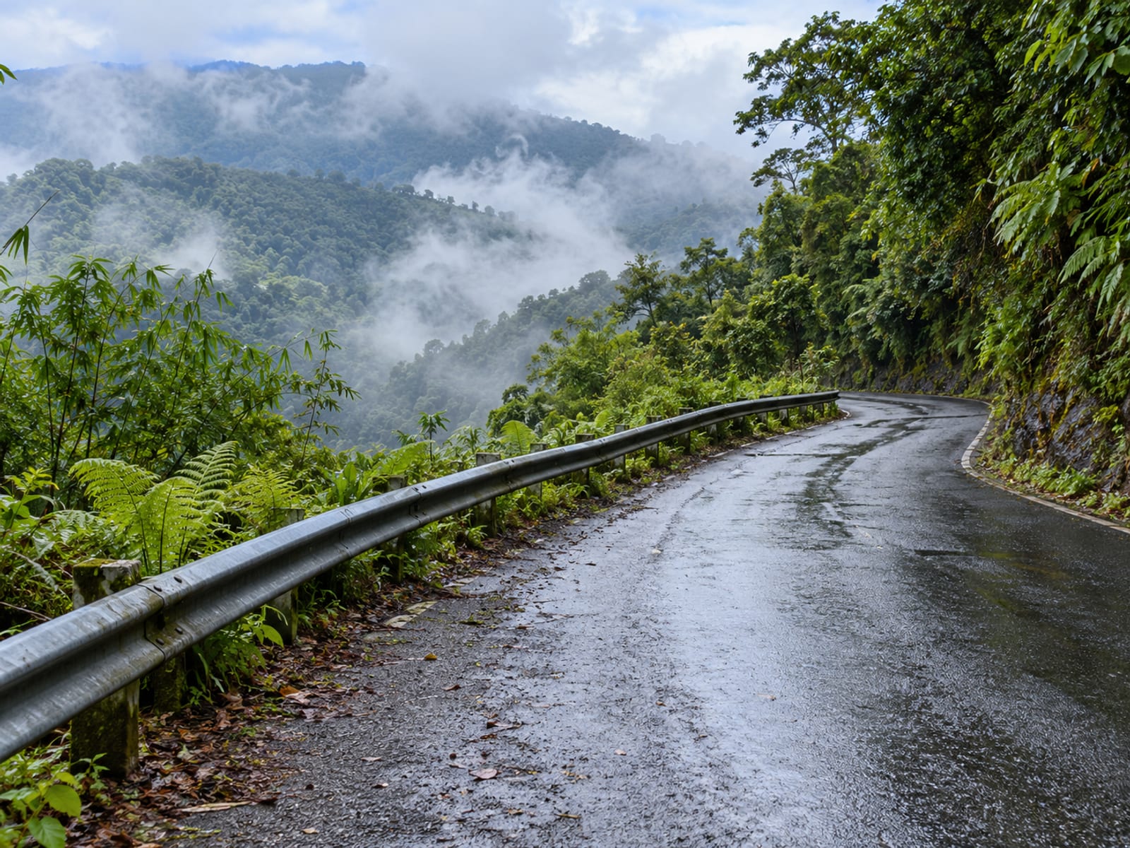 Curve of a mountain road with a metal guard rail and mist over forested slopes, no vehicles