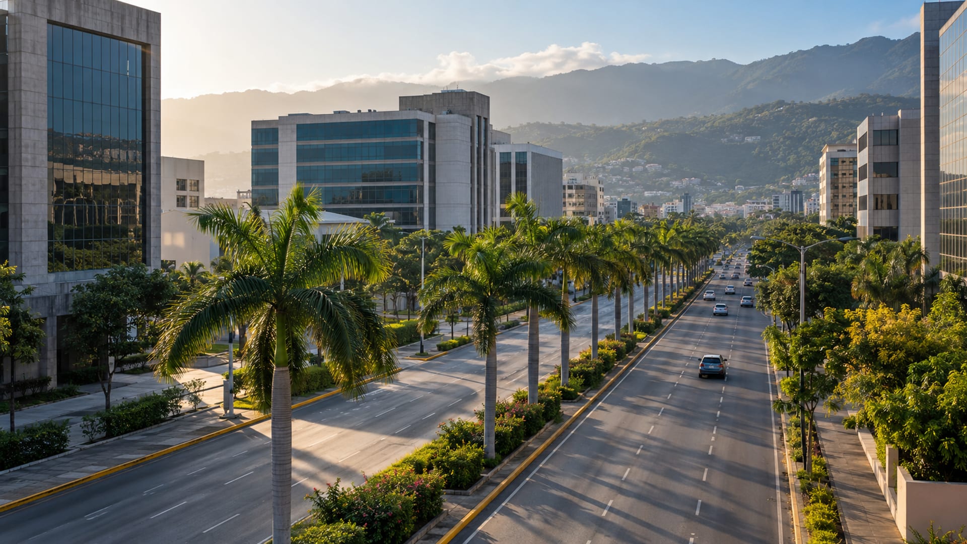Wide avenue with glass and concrete office buildings, palm trees and green hills behind under morning light
