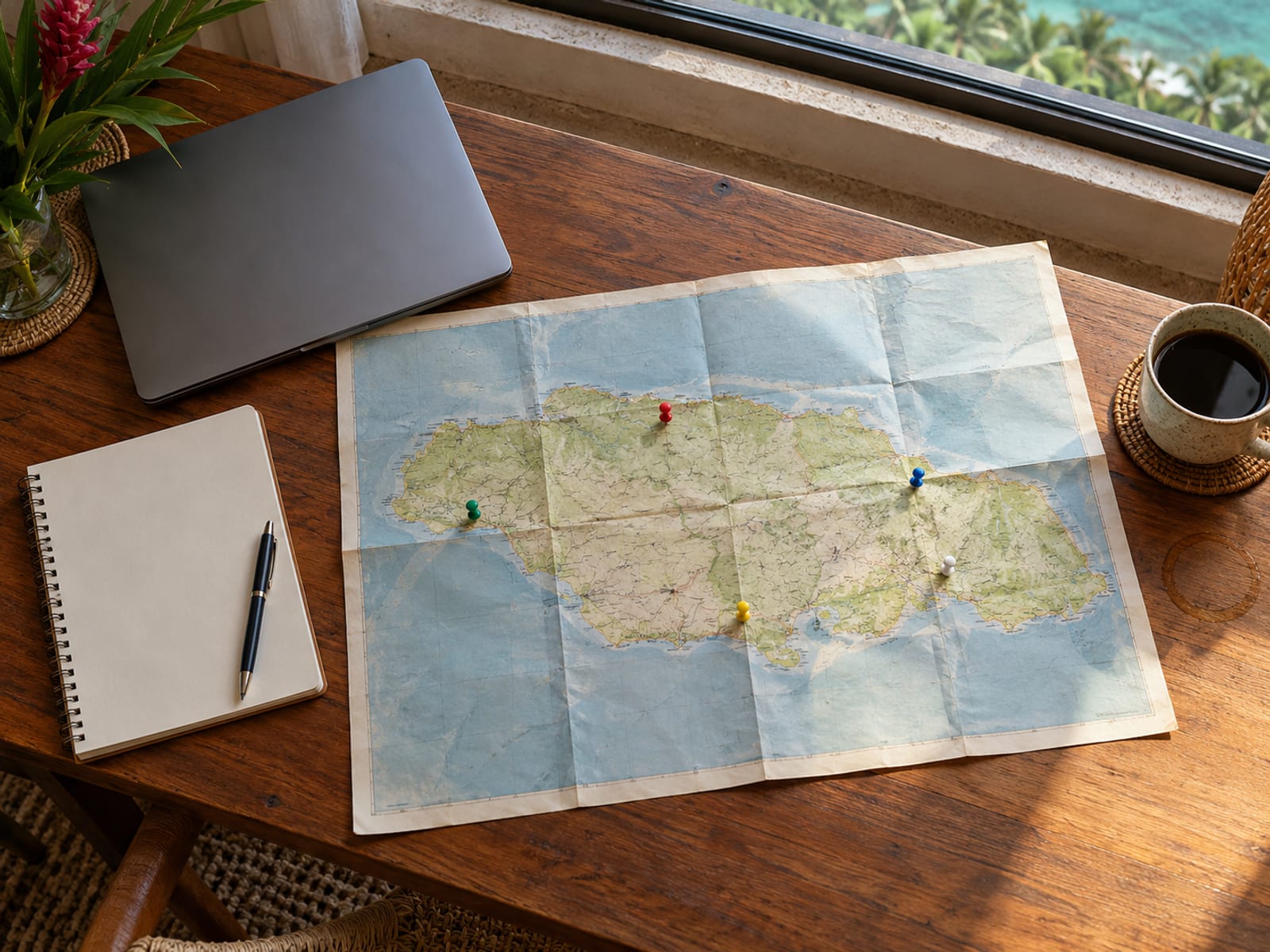 Large unmarked paper map with five coloured pins spread on a table beside a notebook and closed laptop