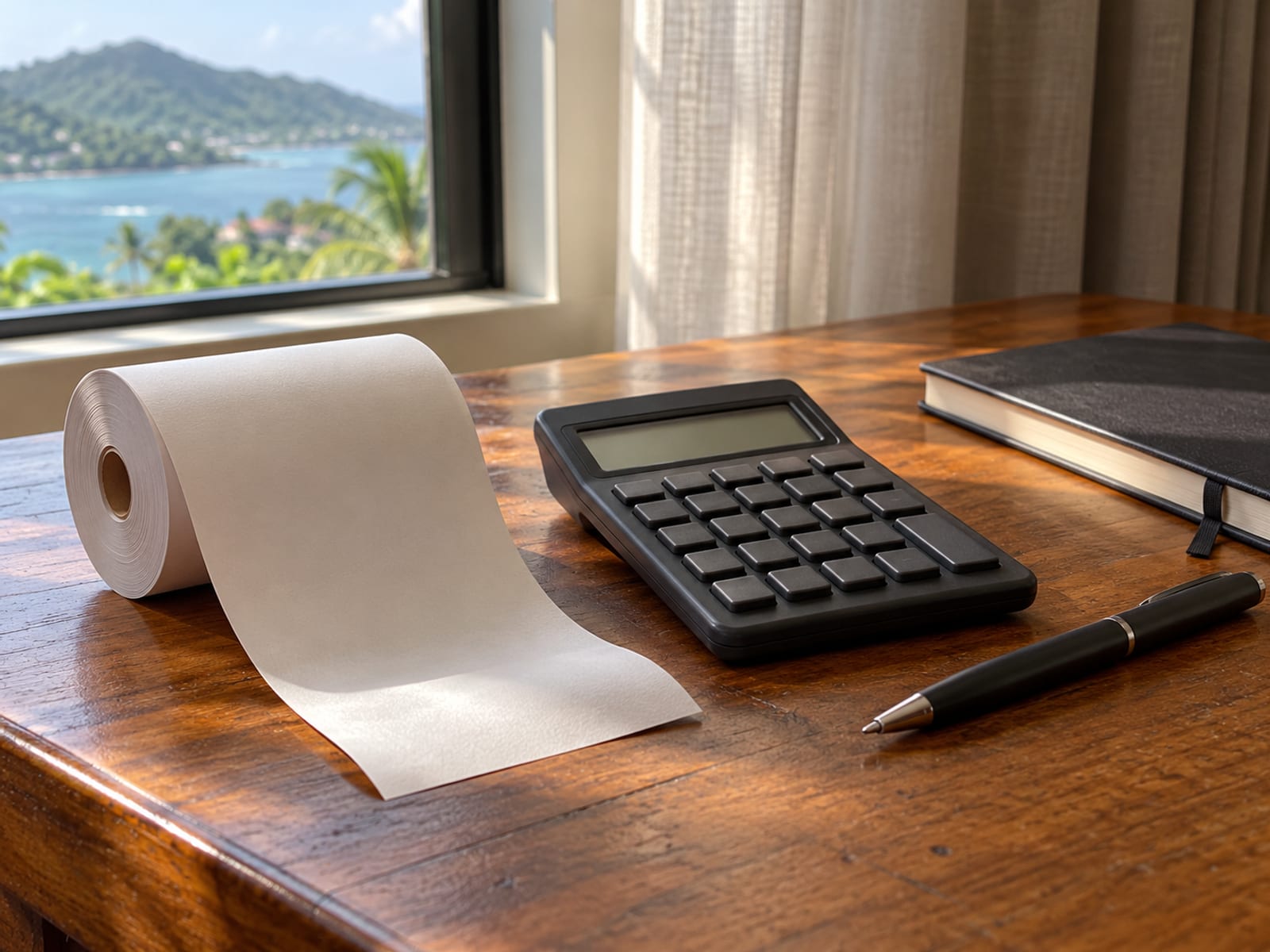Blank paper receipt roll, a small calculator and a pen on a wooden desk by a window
