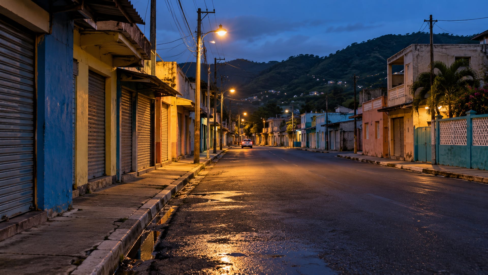 Empty town street at blue hour with lit street lamps and shuttered shopfronts, hills dark beyond