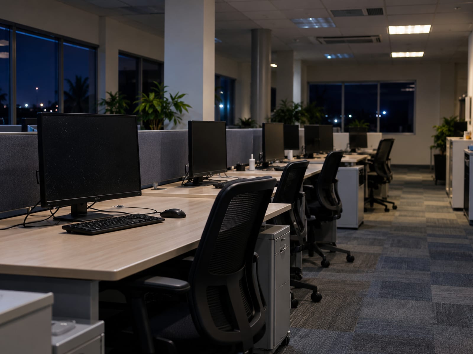 Rows of empty desks with switched off monitors and chairs pushed in, lit by a few ceiling lights