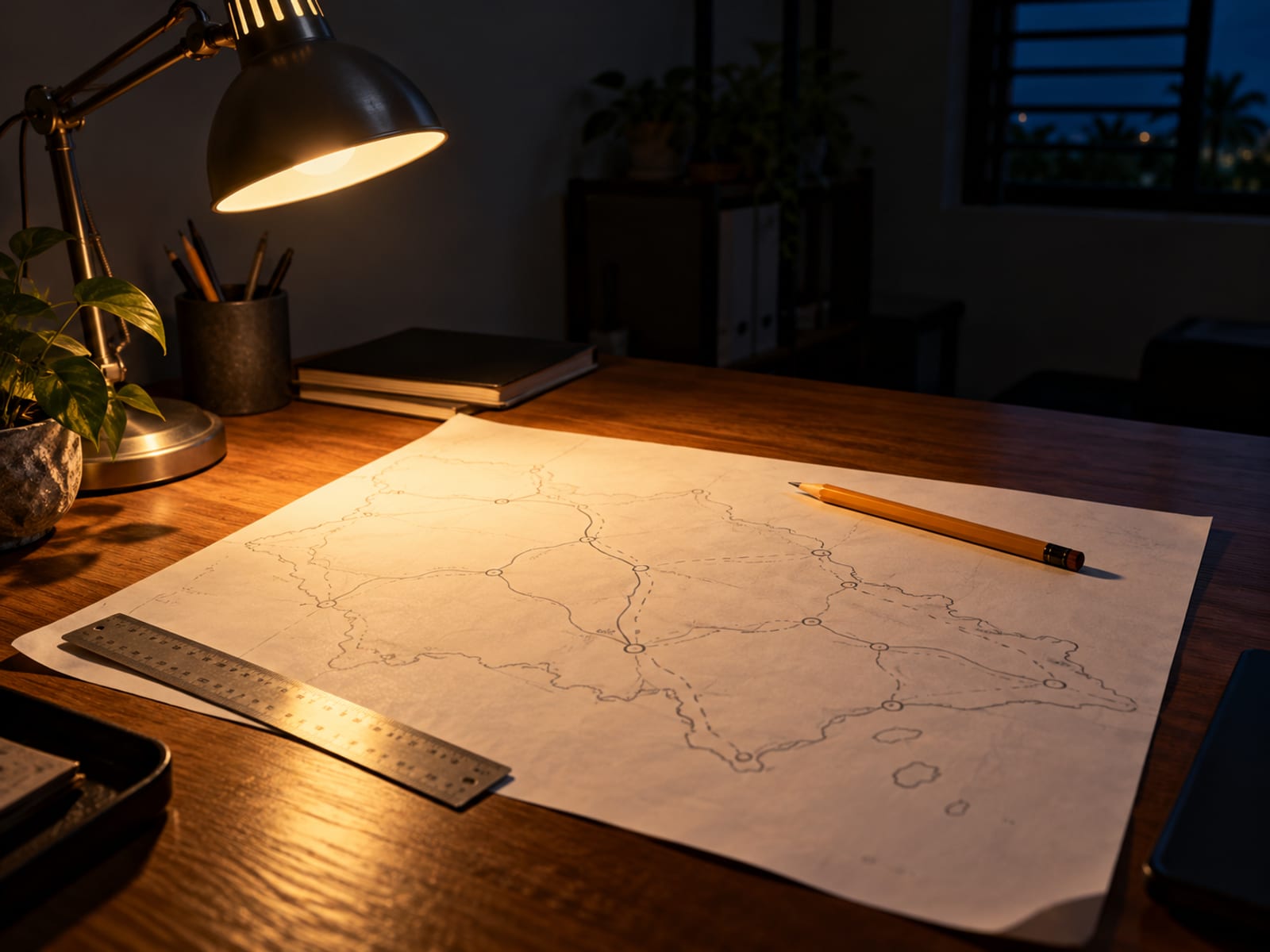 Desk lamp lighting a blank sheet with hand drawn route lines and a pencil on a wooden desk at night